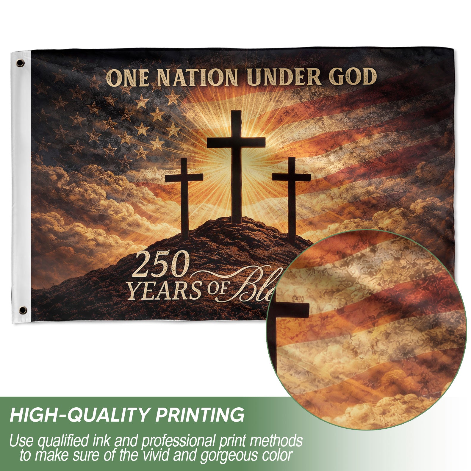 The Blessing of Liberty Flag - 250 Years Celebration - Sacred Three Crosses & American Sky Banner - Rust Field Wear