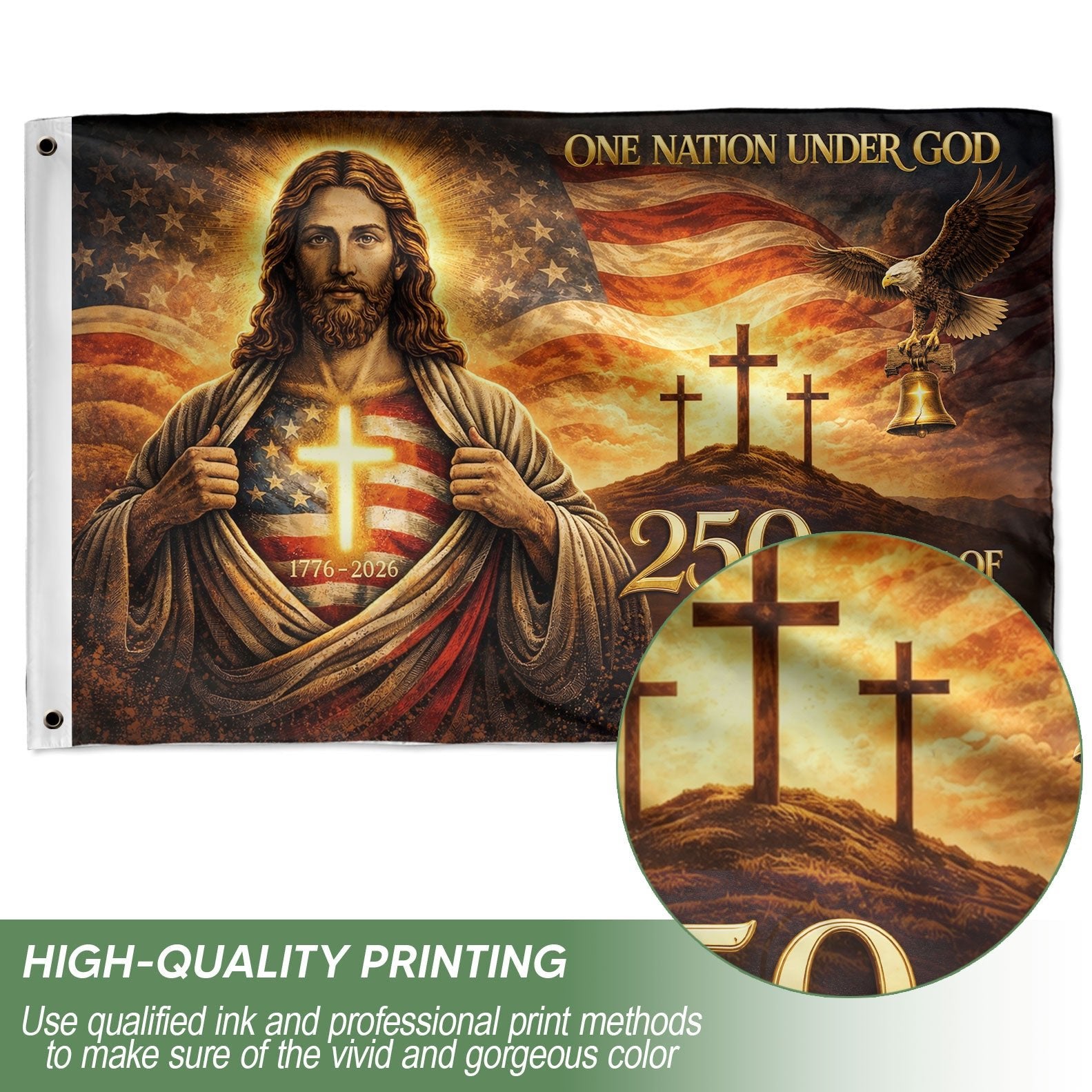 Christian American Heritage 250th Anniversary Flag - Jesus, Eagle, Liberty Bell & Crosses Outdoor Banner - Rust Field Wear