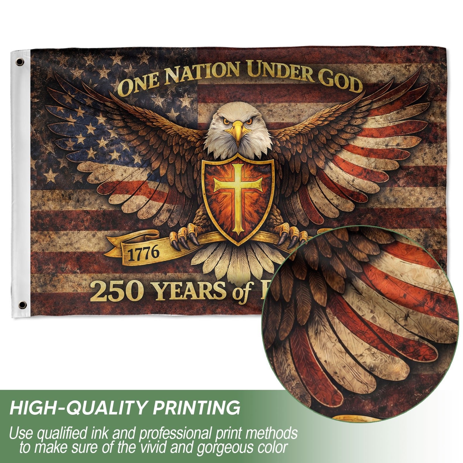 250 Years America Anniversary Eagle Flag - One Nation Under God 250 Years Banner, Double Sided 1776-2026 Flag - Rust Field Wear