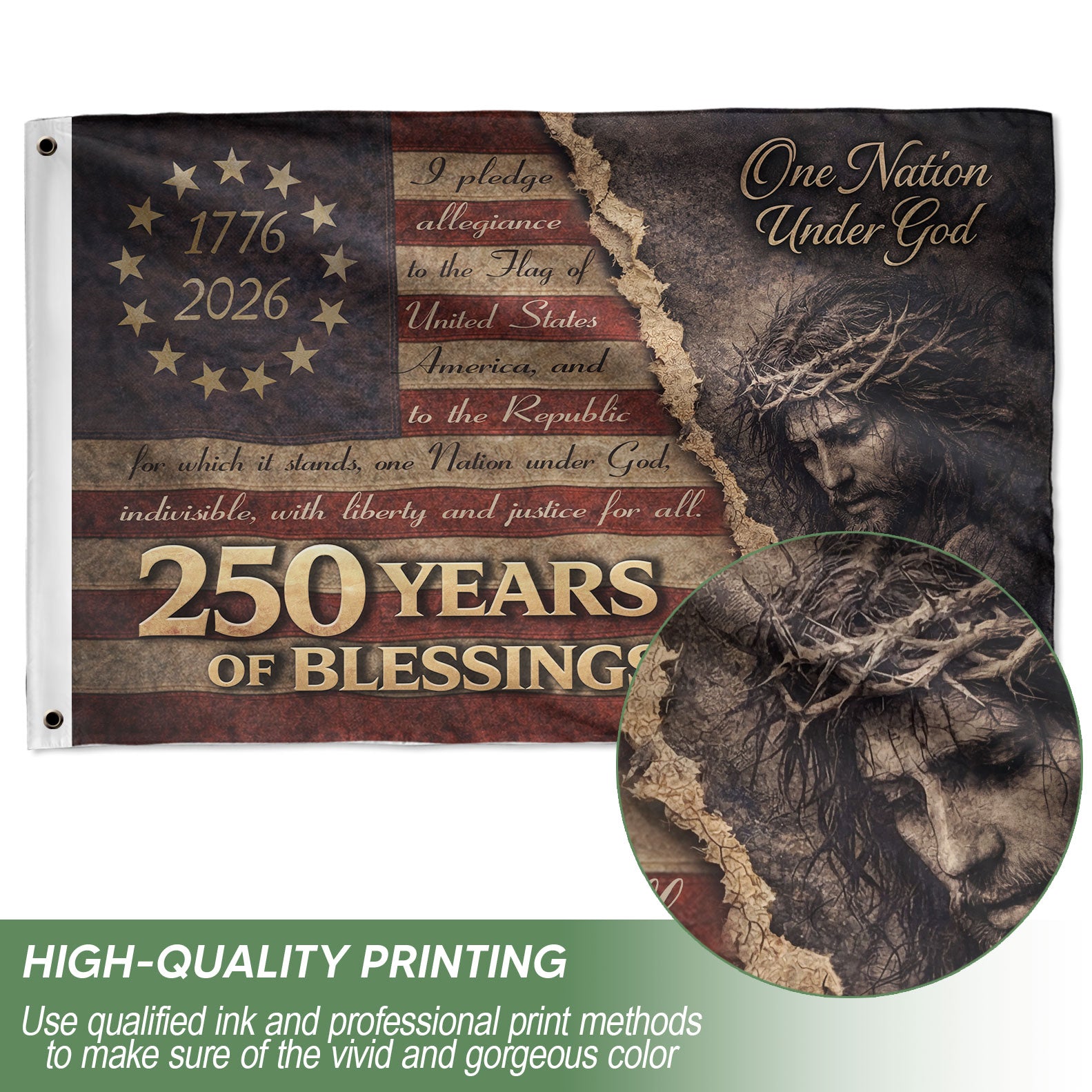 250 Years of Blessings American Flag - Christian Patriotic One Nation Under God Design, Double Sided Flag - Rust Field Wear
