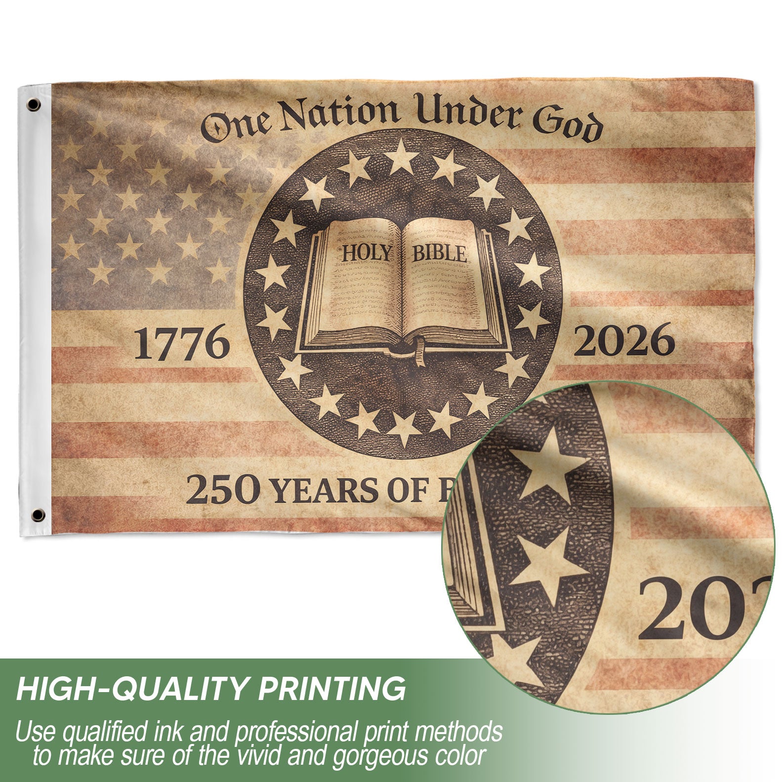 One Nation Under God America Christian Patriotic 250th Anniversary Flag - 250 Years of Blessings Holy Bible & Cross Banner, 1776-2026 Patriotic Double Sided Flag - Rust Field Wear
