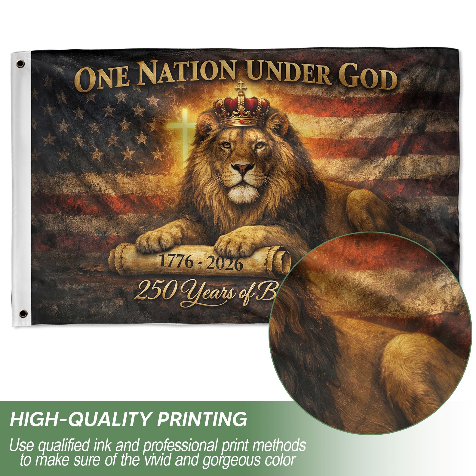Lion of Judah American Heritage Flag - 250 Years of Blessings Patriotic Banner, One Nation Under God Double Sided 1776-2026 Flag - Rust Field Wear