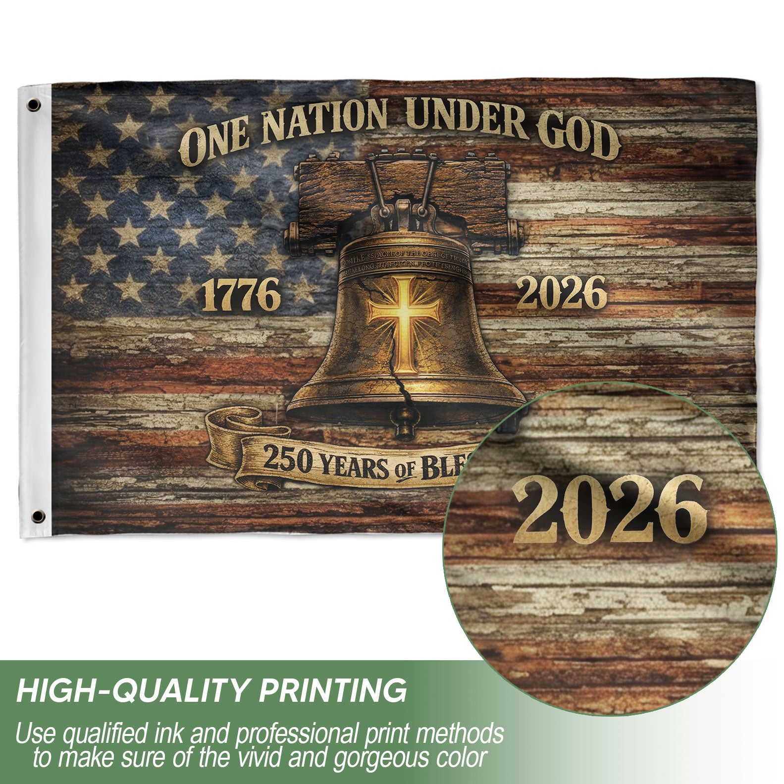 One Nation Under God America 250th Anniversary Flag - 250 Years of Blessings Liberty Bell & Cross Design, 1776-2026 Patriotic Double Sided Flag - Rust Field Wear