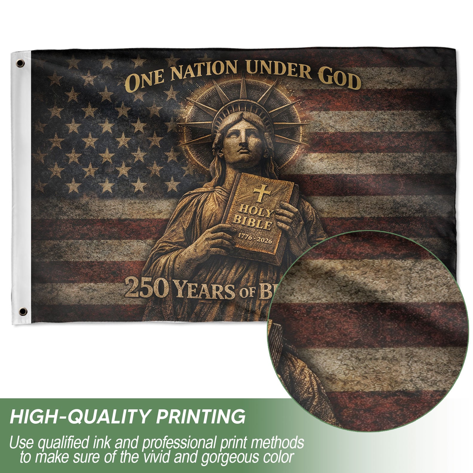 One Nation Under God 250 Years America Anniversary Flag - 250 Years of Blessings Holy Bible & Cross Banner, 1776-2026 Patriotic Double Sided Flag - Rust Field Wear