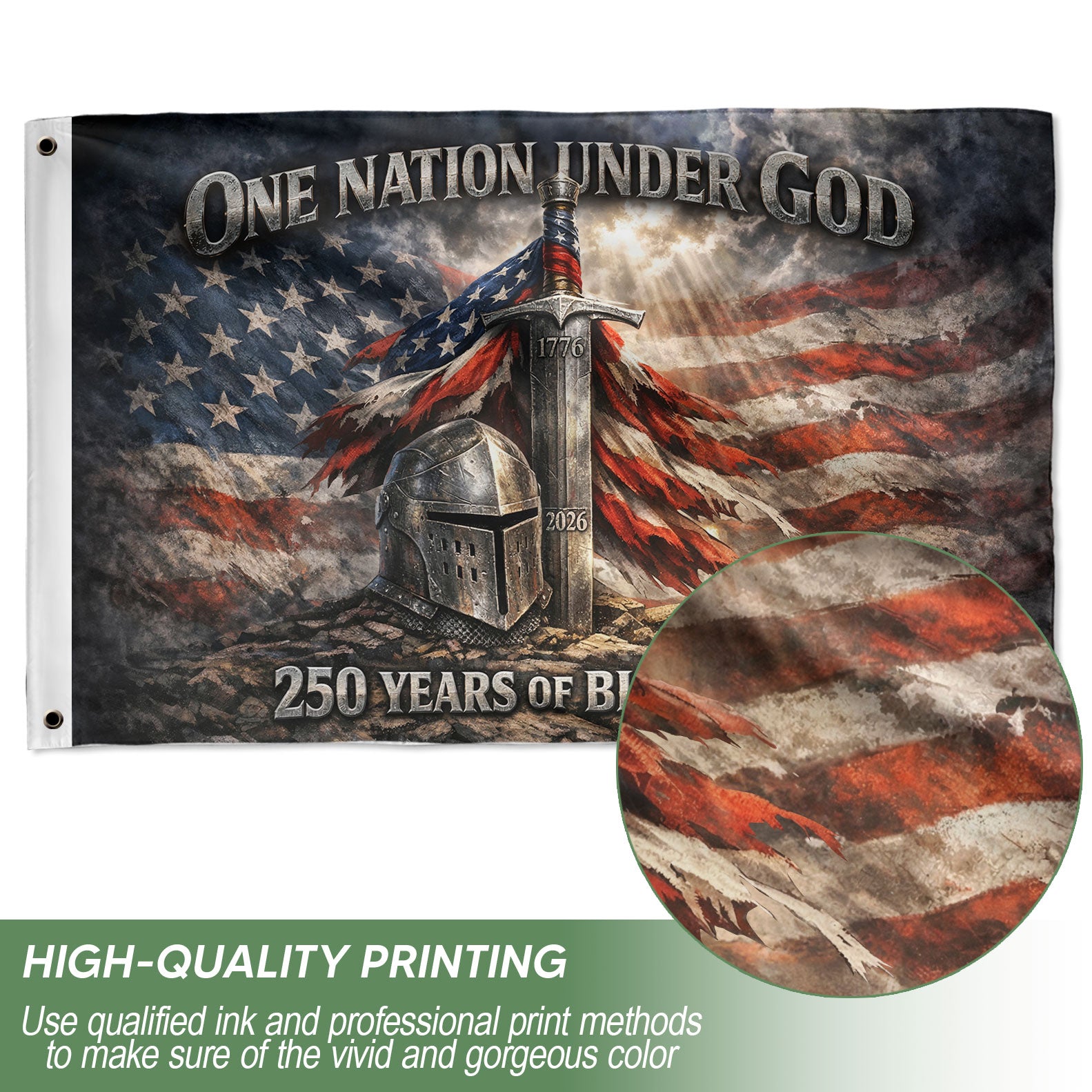 Christian Patriotic One Nation Under God USA 250th Birthday Flag - 250 Years of Blessings, Double Sided Flag - Rust Field Wear