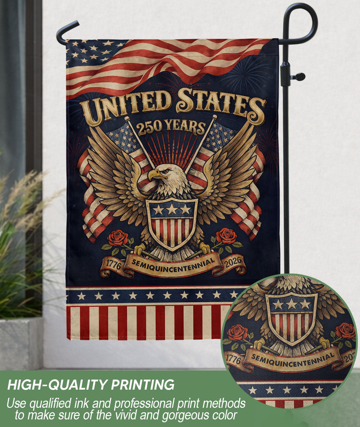 USA 250th Anniversary 1776–2026 House Flag – Patriotic Eagle & Roses Heritage Double Sided Yard Decor