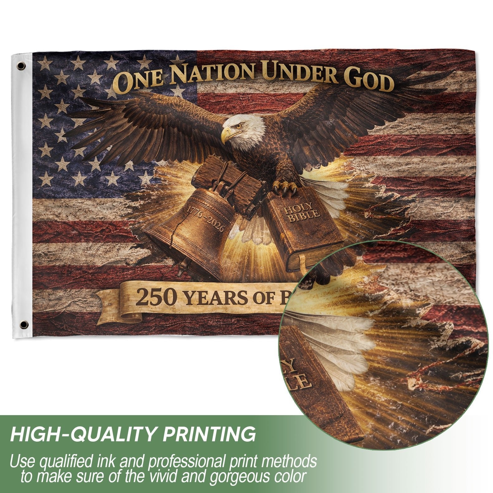 One Nation Under God 250 Years Flag (1776–2026) – Bald Eagle with Holy Bible Patriotic Christian Banner - Rust Field Wear