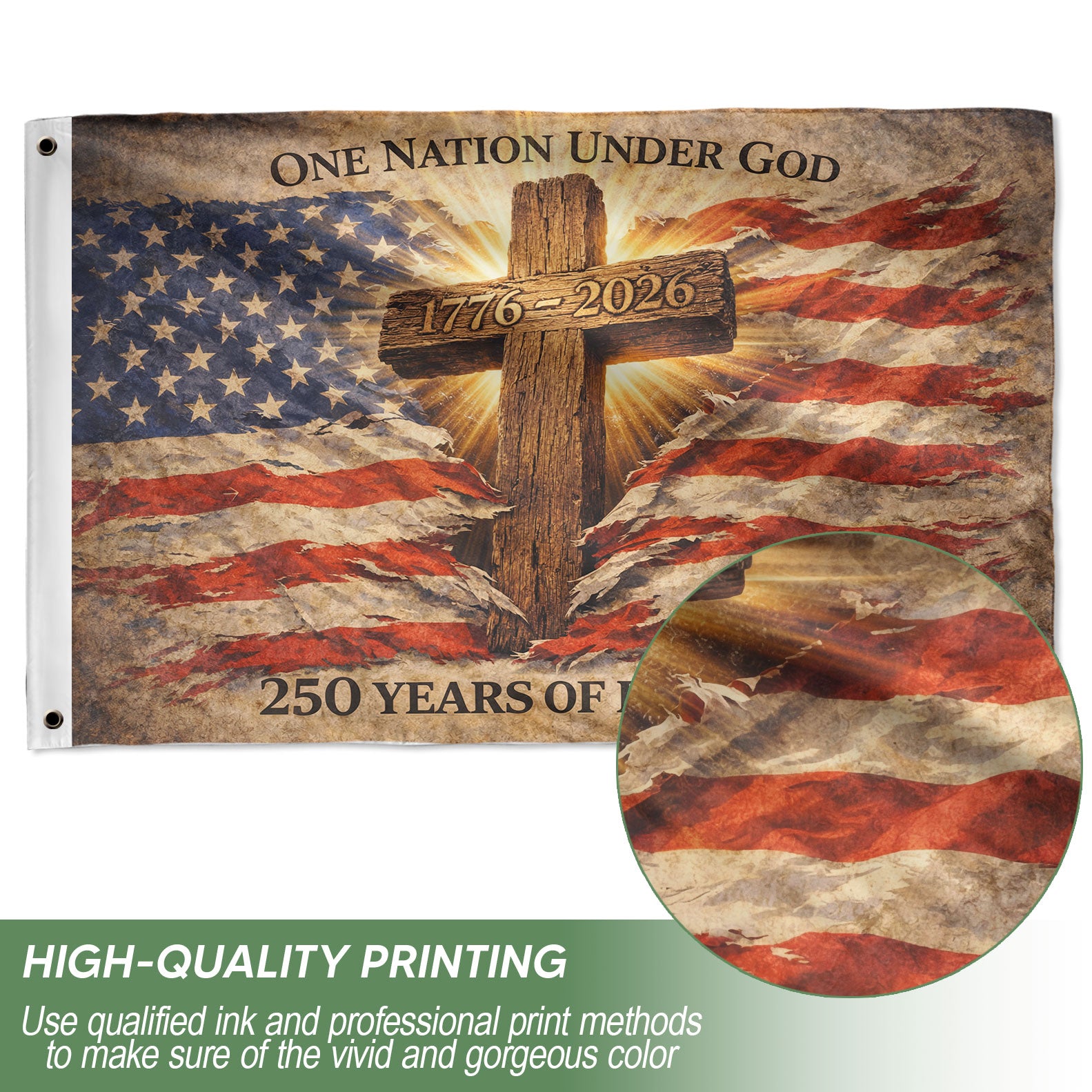 One Nation Under God 250th Anniversary Flag (1776–2026) – Cross and American Flag Christian Patriotic Banner - Rust Field Wear