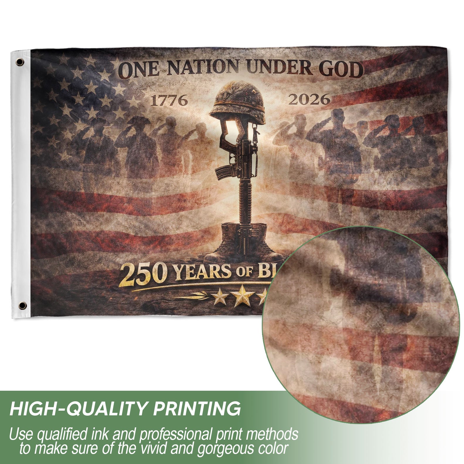 250 Years America Anniversary Military Flag, Double Sided House Banner - Fallen Soldier Battle Cross 1776-2026 - Rust Field Wear