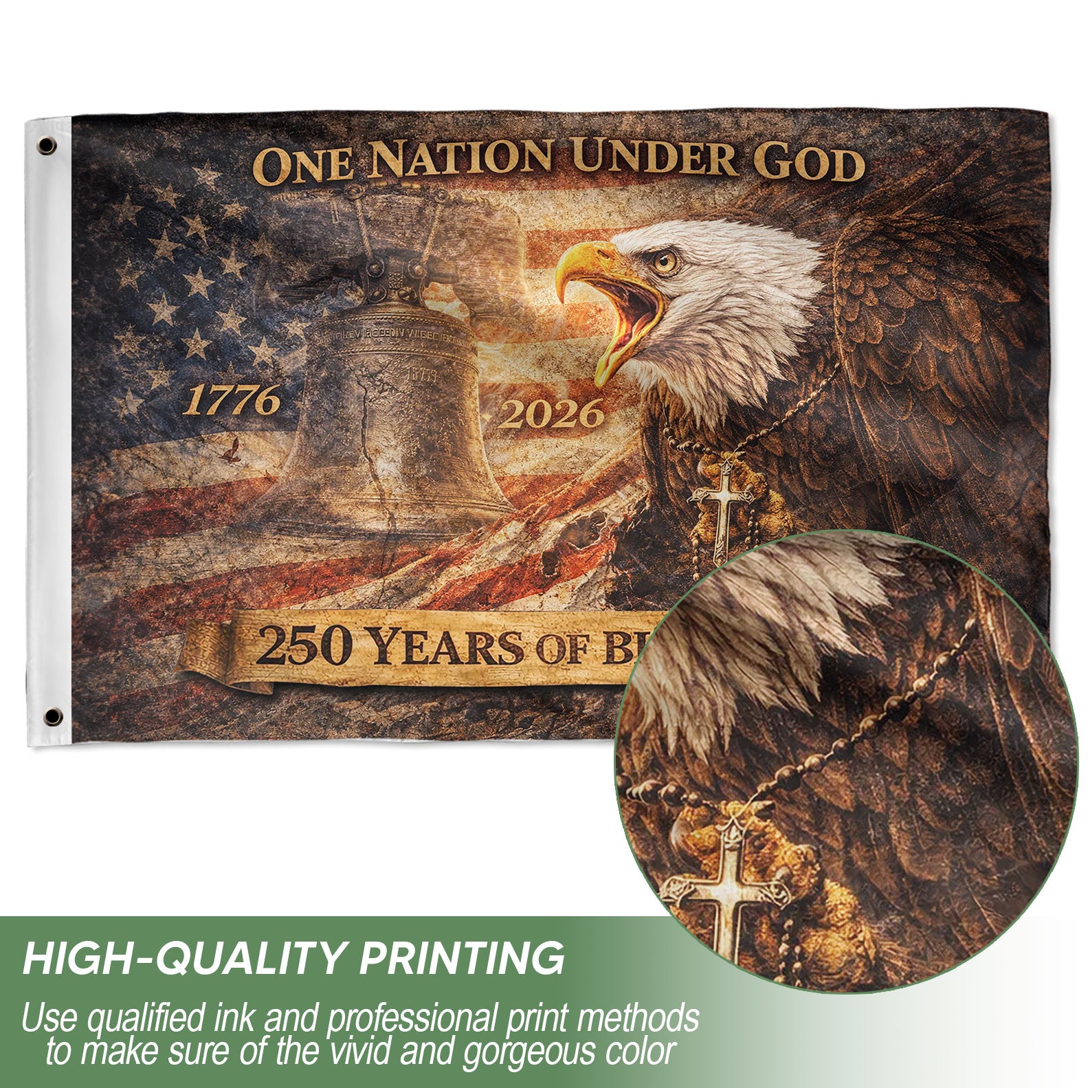 250 Years of Blessings USA Flag, Patriotic Eagle & Liberty Bell - 1776-2026 Double-Sided Banner - Rust Field Wear