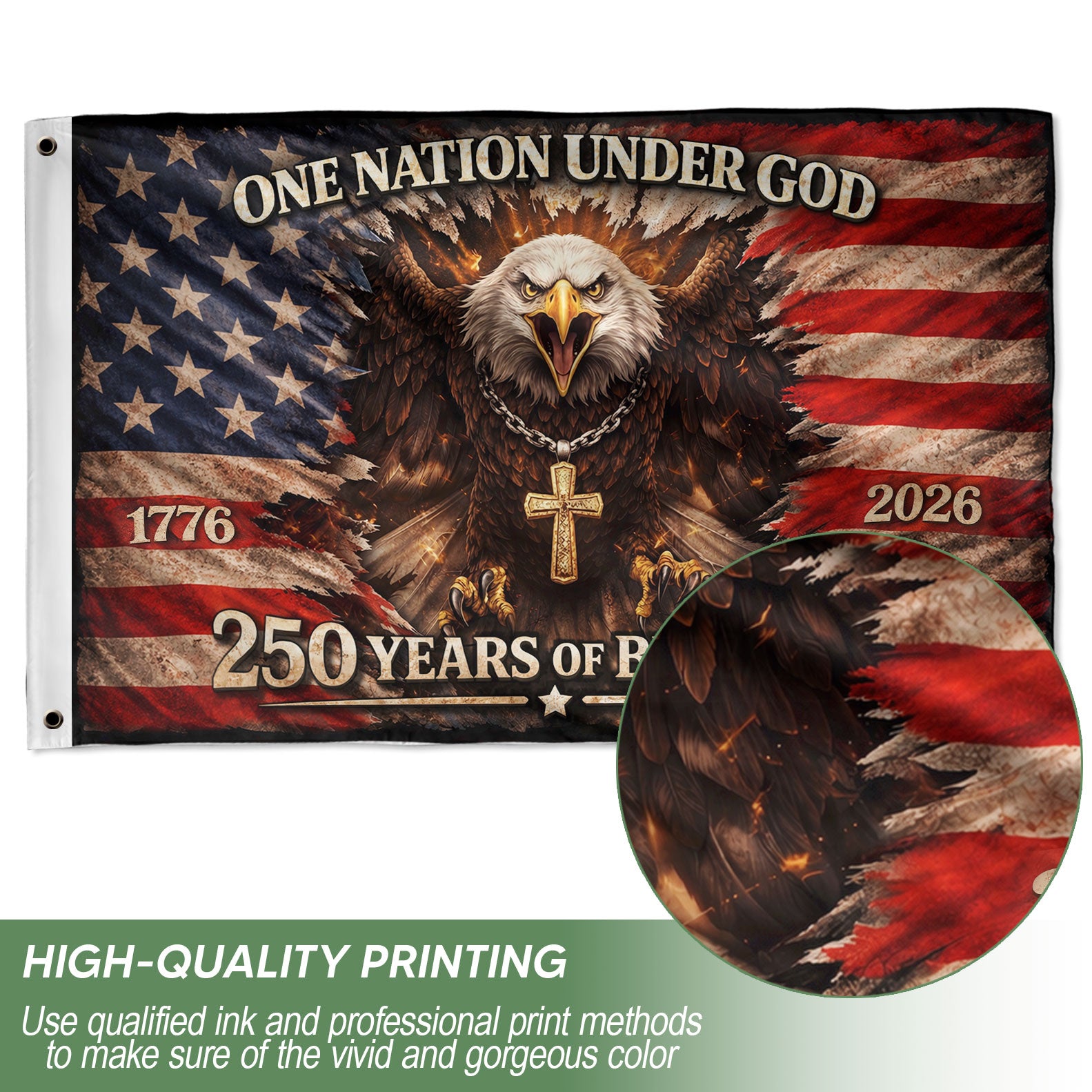 One Nation Under God 250th Anniversary Flag (1776–2026) – Bald Eagle and Cross Patriotic Christian Banner - Rust Field Wear