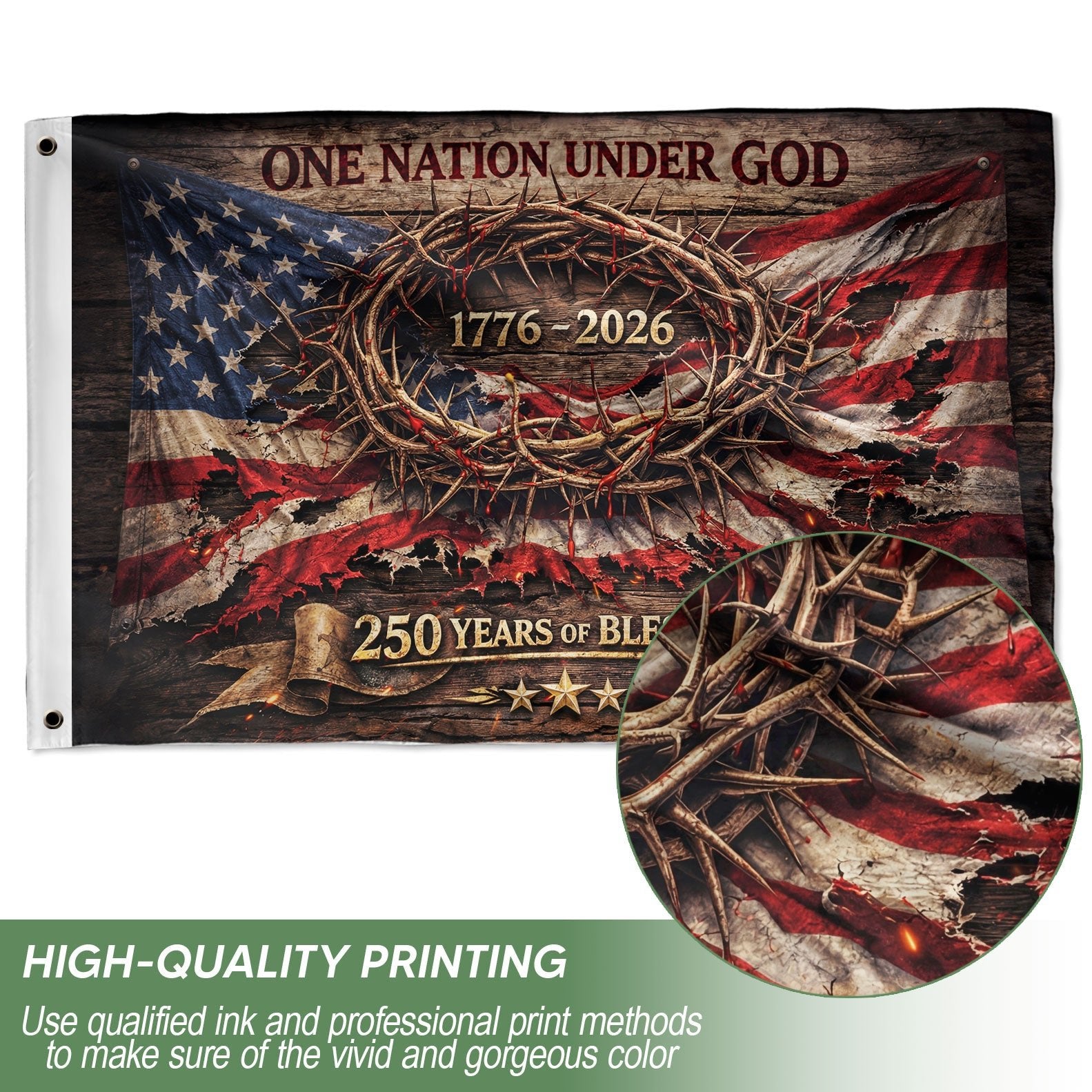 One Nation Under God 250 Years Flag (1776–2026) – Crown of Thorns Christian Patriotic Anniversary Banner - Rust Field Wear
