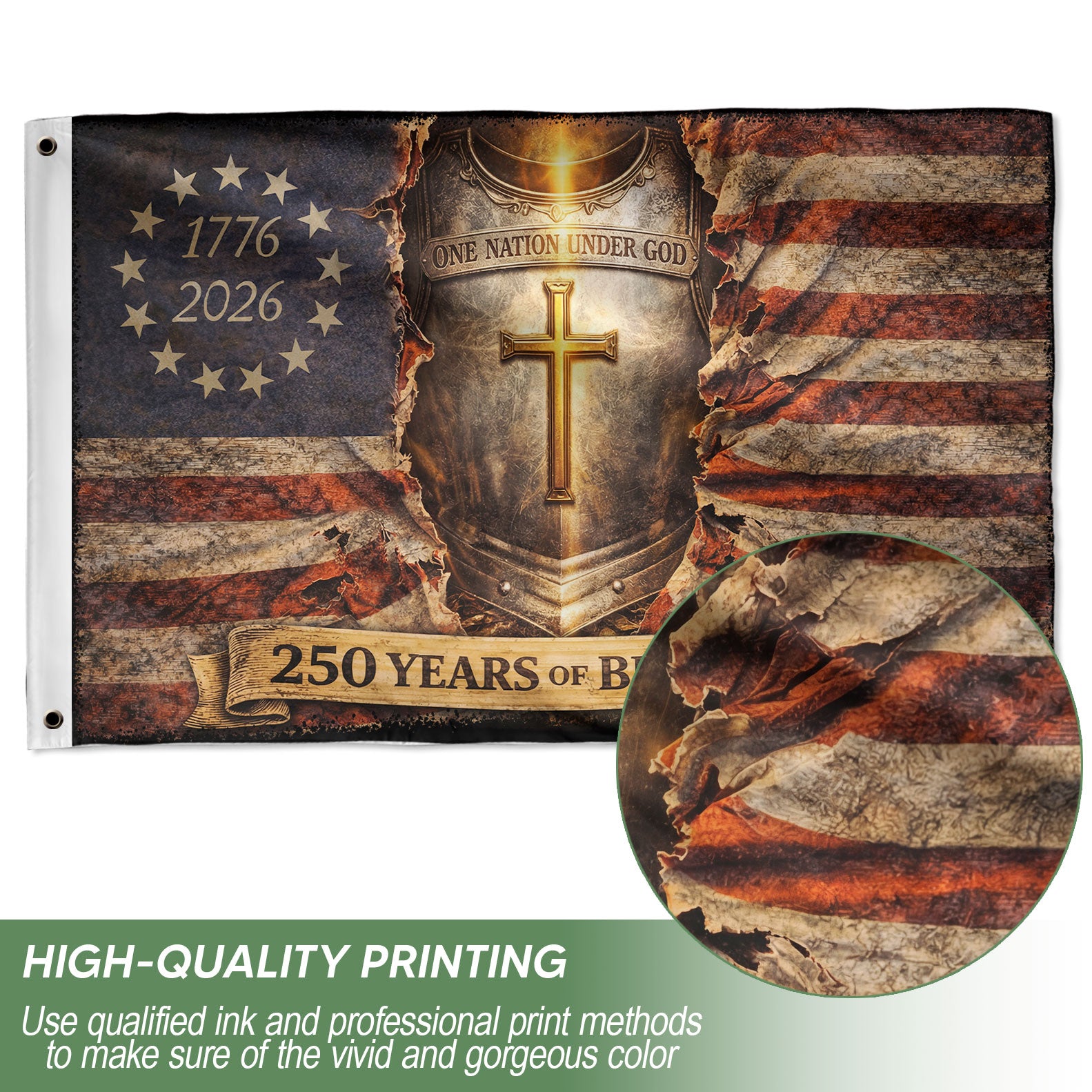 One Nation Under God 250th Anniversary Flag (1776–2026) – Cross Shield Patriotic Christian Banner - Rust Field Wear