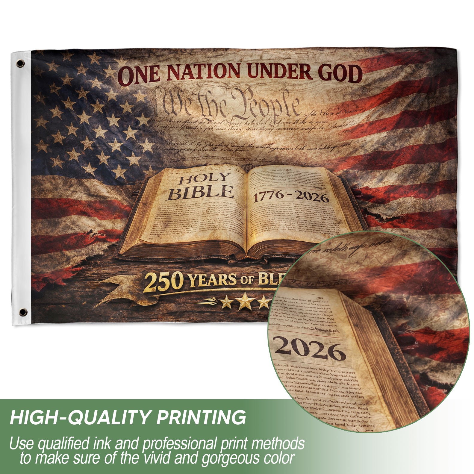 One Nation Under God 250th Anniversary Flag (1776–2026) – Holy Bible and We the People Patriotic Christian Banner - Rust Field Wear
