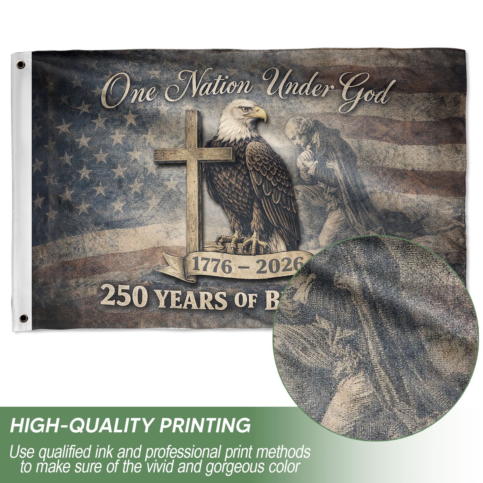 250th Anniversary Cross & Eagle, One Nation Under God 250 Years of Blessings USA Flag - Double Sided Premium House Flag - Rust Field Wear