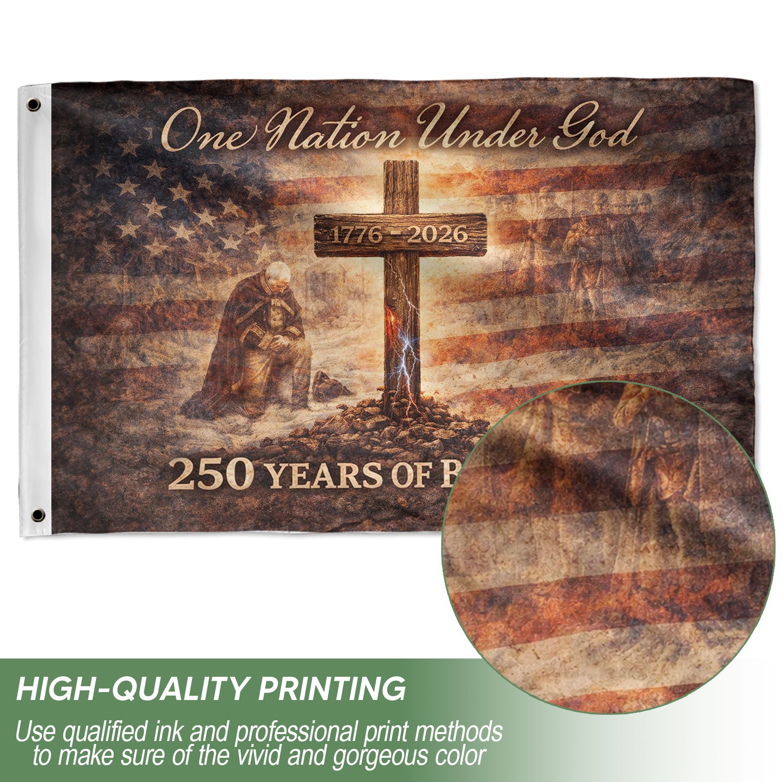 250 Years America Anniversary Flag, One Nation Under God 250 Years of Blessings Decor - Double Sided Faith & Patriotic House Banner - Rust Field Wear