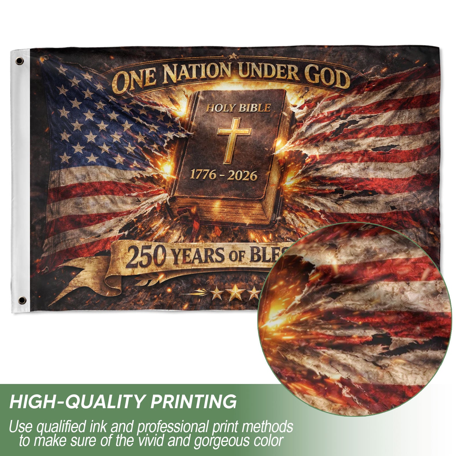1776-2026 One Nation Under God 250th Anniversary Flag, 250 Years of Blessings & Holy Bible America - Double Sided Christian USA House Flag - Rust Field Wear