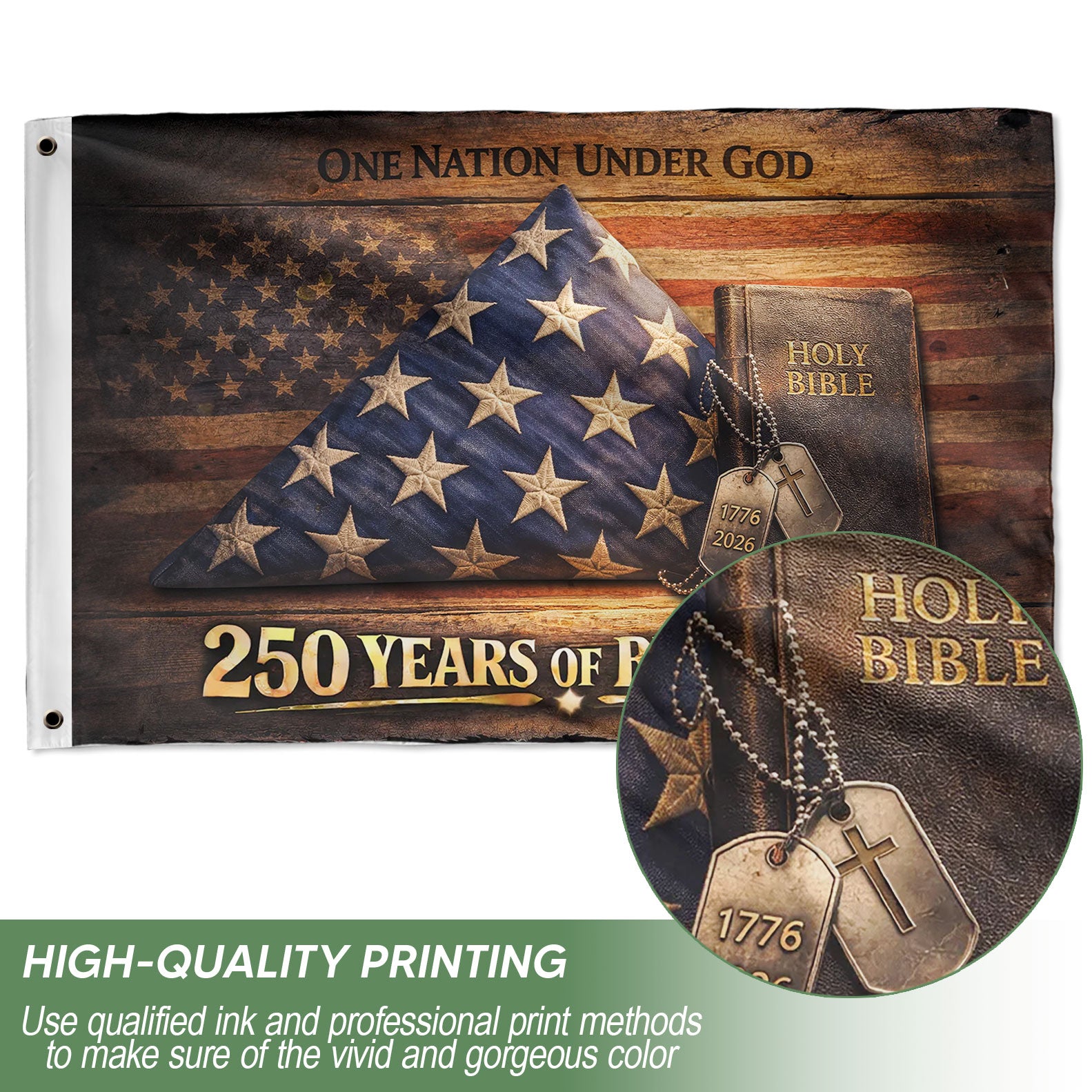 Christian 250 Years America Anniversary Flag, Holy Bible & One Nation Under God 1776-2026 - Double Sided Faith House Banner - Rust Field Wear