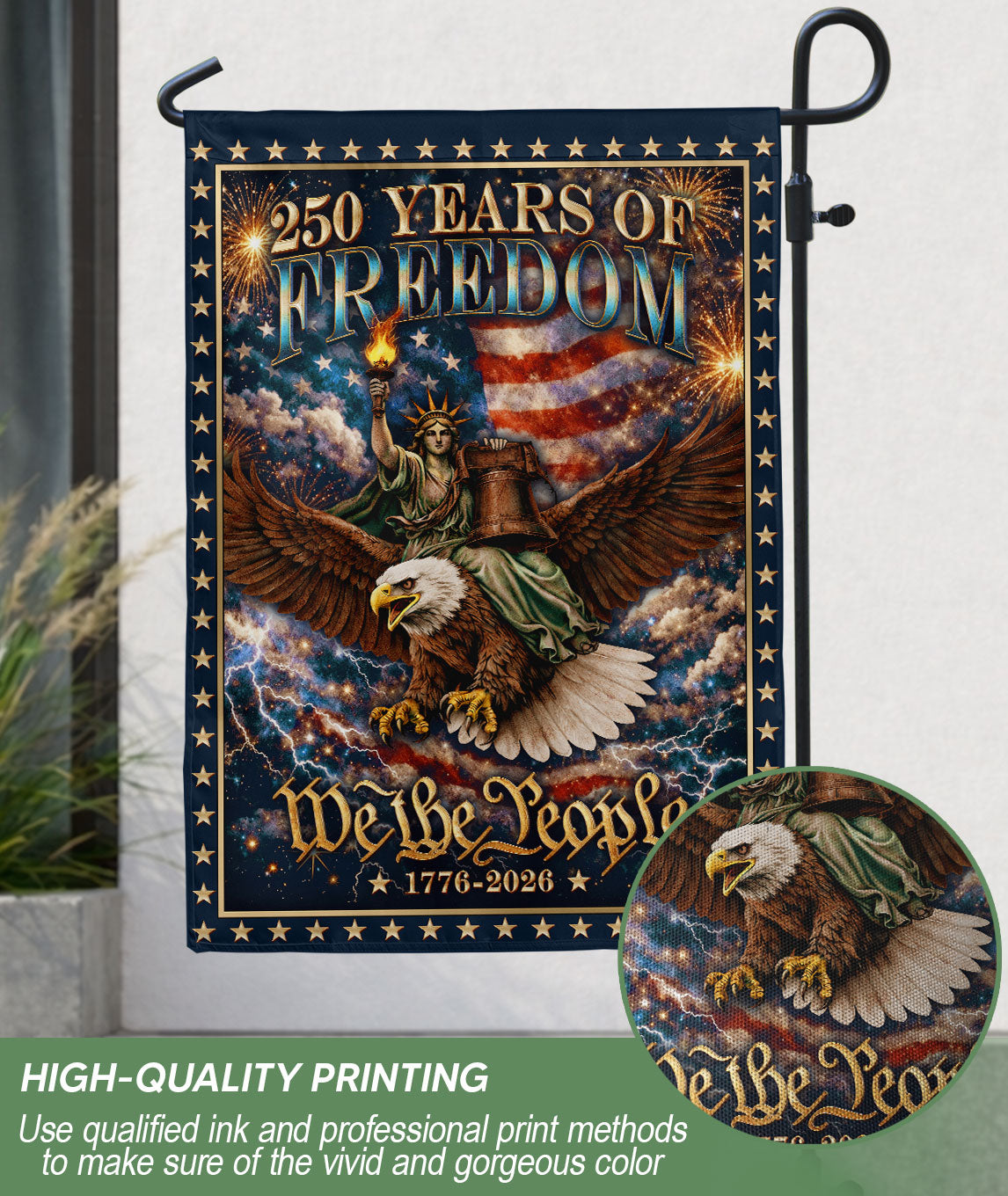 USA 250th Anniversary 1776–2026 House Flag – We The People Statue of Liberty Riding Eagle Double Sided Patriotic Decor
