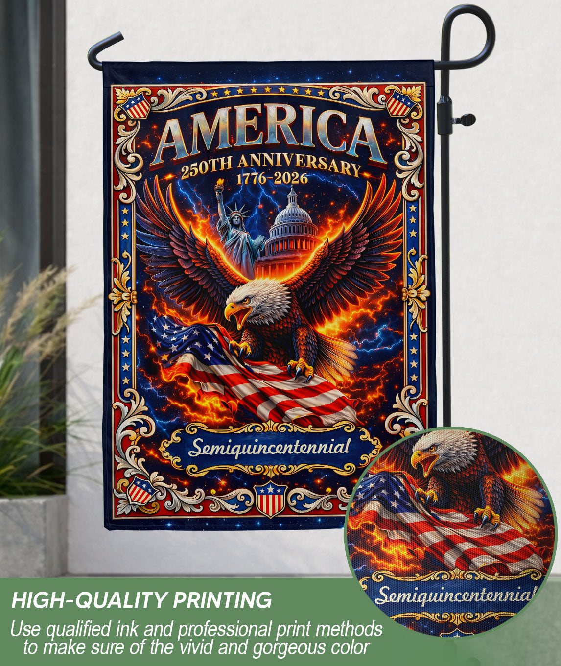 1776-2026 America 250th Anniversary Garden Flag – Bald Eagle & US Capitol Statue of Liberty 250 Years Double Sided Banner