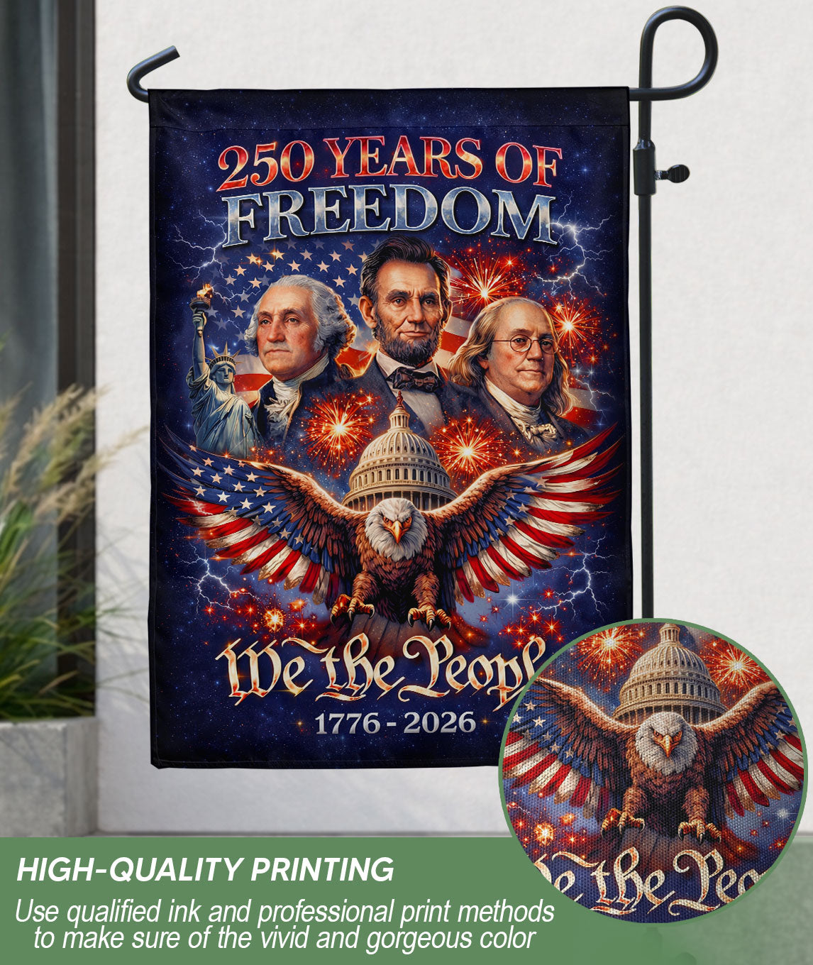 America 250 Years of Freedom 1776-2026 Garden Flag – Founders Washington Lincoln Franklin 250th Anniversary Double Sided Banner
