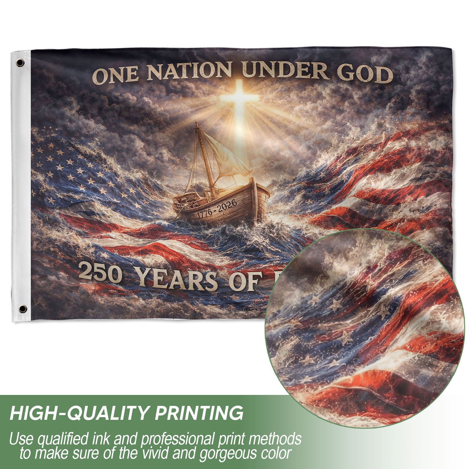 USA 250th Anniversary Flag 1776-2026 – One Nation Under God Sailing Ship 250 Years Double-Sided House Flag - Rust Field Wear