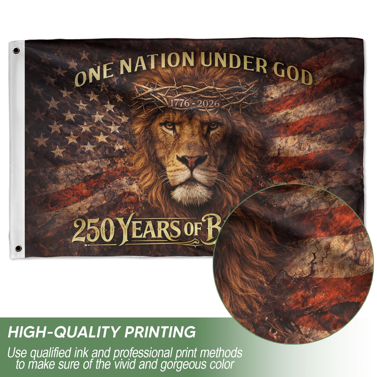America 250th Anniversary Flag 1776-2026 – Lion of Judah & Sailing Ship One Nation Under God 250 Years Double-Sided Banner - Rust Field Wear