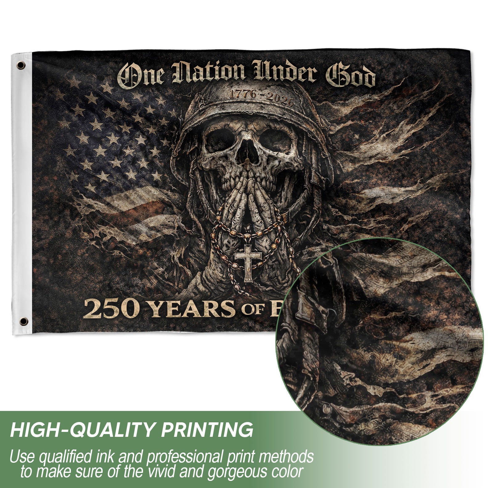 250 Years America Anniversary 1776-2026 Double-Sided Tactical Flag – Spartan Warrior Skull Cross Patriotic House Banner - Rust Field Wear