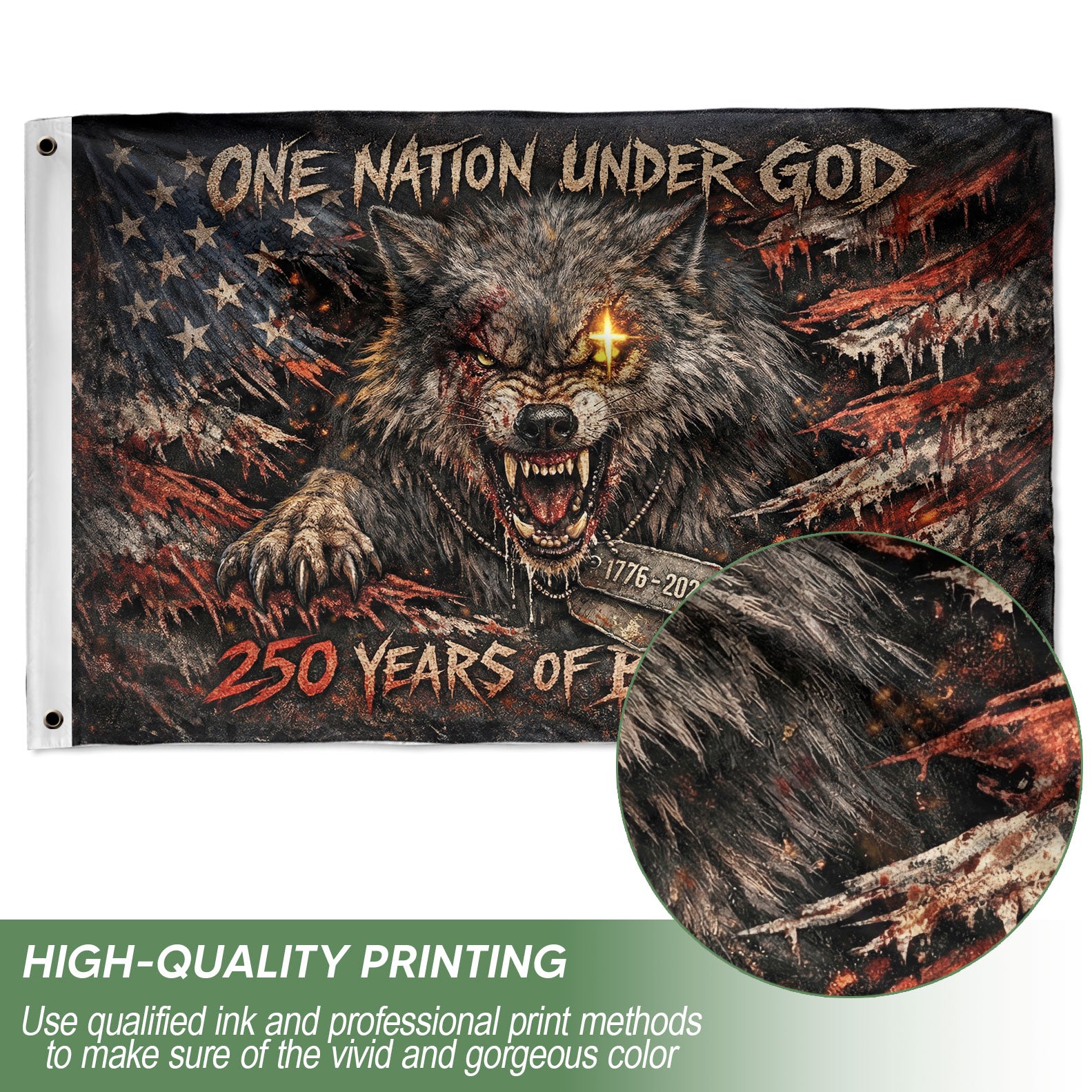 USA 250th Anniversary Flag 1776-2026 – Patriotic Wolf One Nation Under God 250 Years Double-Sided Banner - Rust Field Wear