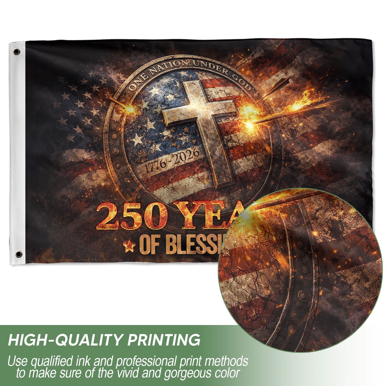 Christian 250 Years America Anniversary Flag - One Nation Under God 1776-2026, Double Sided Faith House Banner - Rust Field Wear