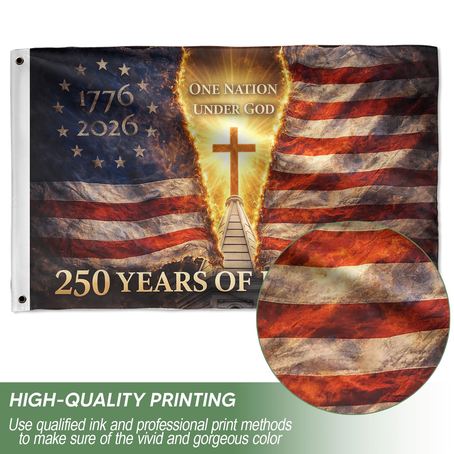 Flag 250 Years of Blessings 1776-2026 - One Nation Under God 250th Anniversary USA Christian Flag, Double Sided Premium House Flag - Rust Field Wear