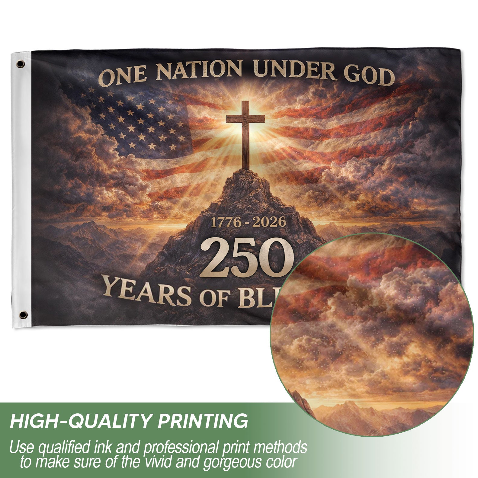 USA One Nation Under God 1776-2026 250th Anniversary Flag - Christian Patriotic 250 Years of Blessings Double-Sided House Flag - Rust Field Wear