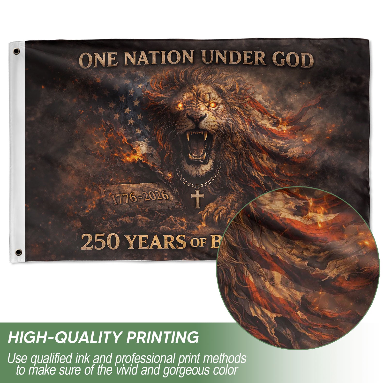 Christian Patriotic 250 Years of Blessings Double-Sided House Flag - Lion of Judah USA 250th Anniversary Flag, One Nation Under God 1776-2026 - Rust Field Wear
