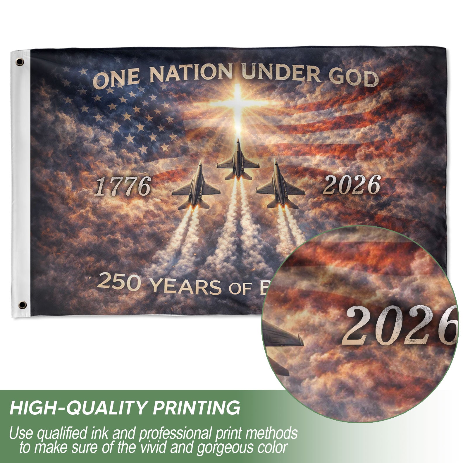 America 250th Anniversary Flag 1776-2026 – One Nation Under God Fighter Jets Cross Double Sided Heavy Banner - Rust Field Wear