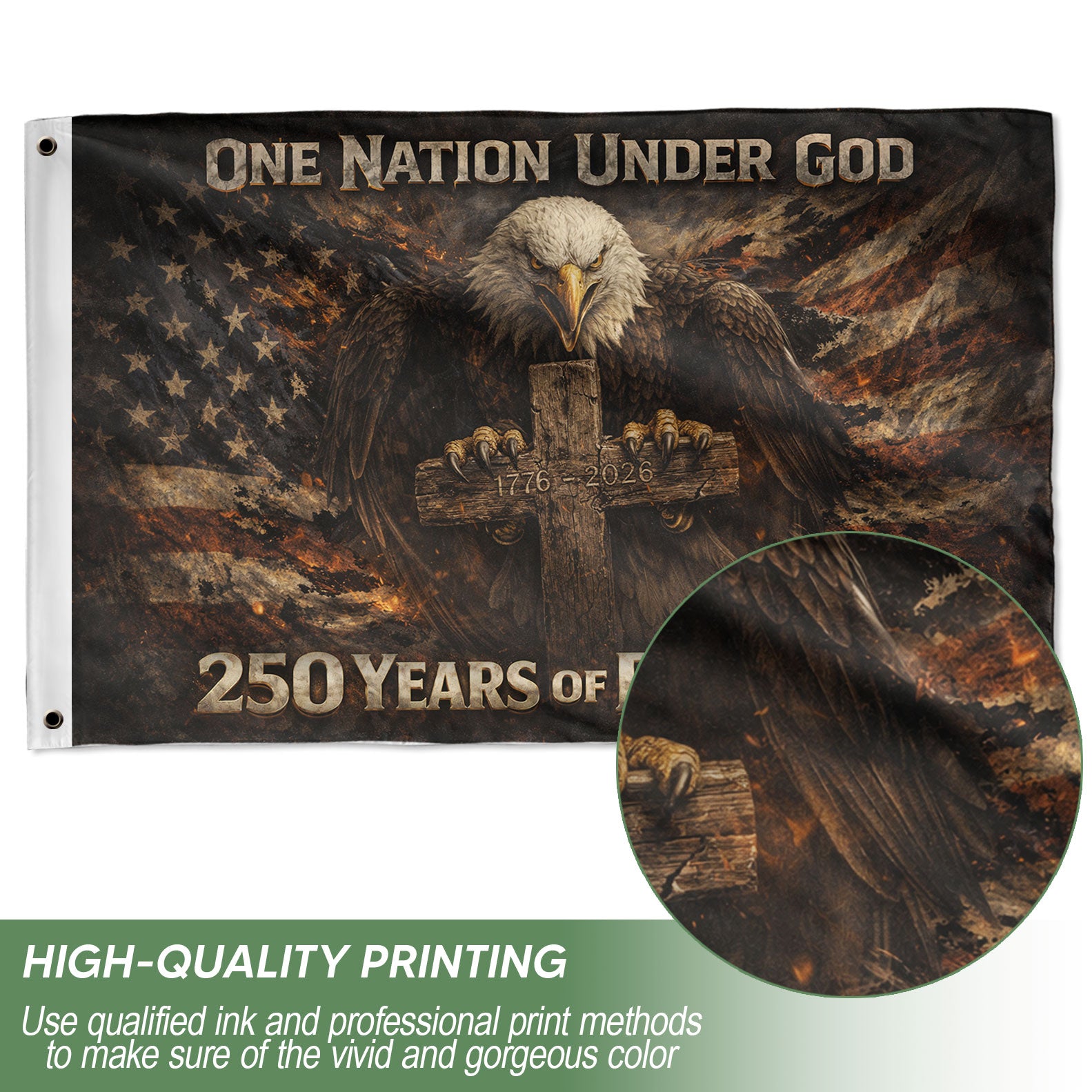 America 250th Anniversary Flag 1776-2026 – One Nation Under God Bald Eagle Cross 250 Years Double-Sided Banner - Rust Field Wear