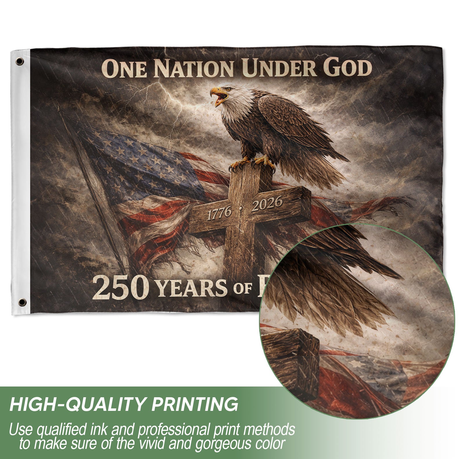 USA 250th Anniversary Flag 1776-2026 – One Nation Under God 250 Years of Blessings Eagle Cross Double-Sided House Flag - Rust Field Wear