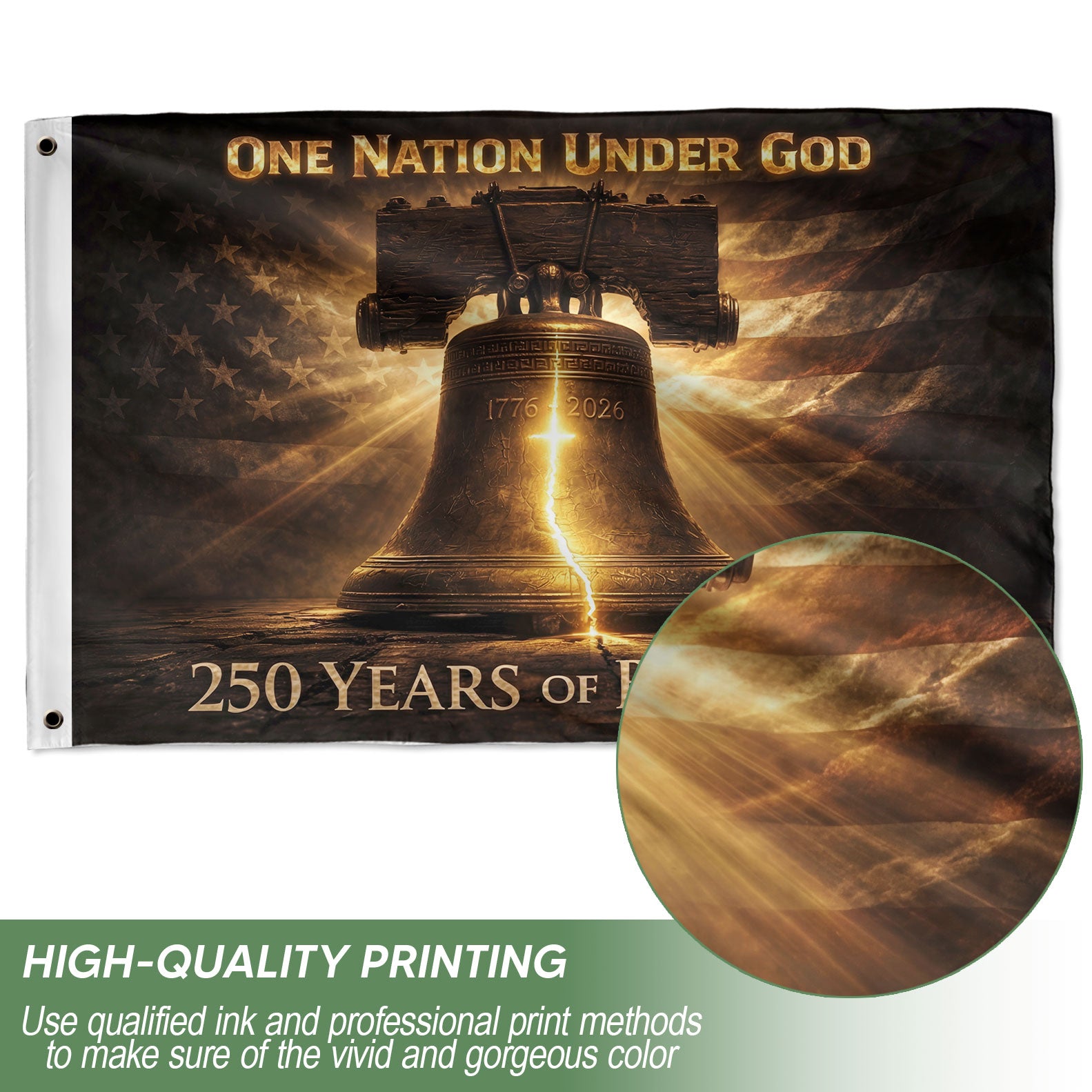 America 250th Anniversary Flag 1776-2026 – Liberty Bell & Glowing Cross One Nation Under God Double-Sided Banner - Rust Field Wear