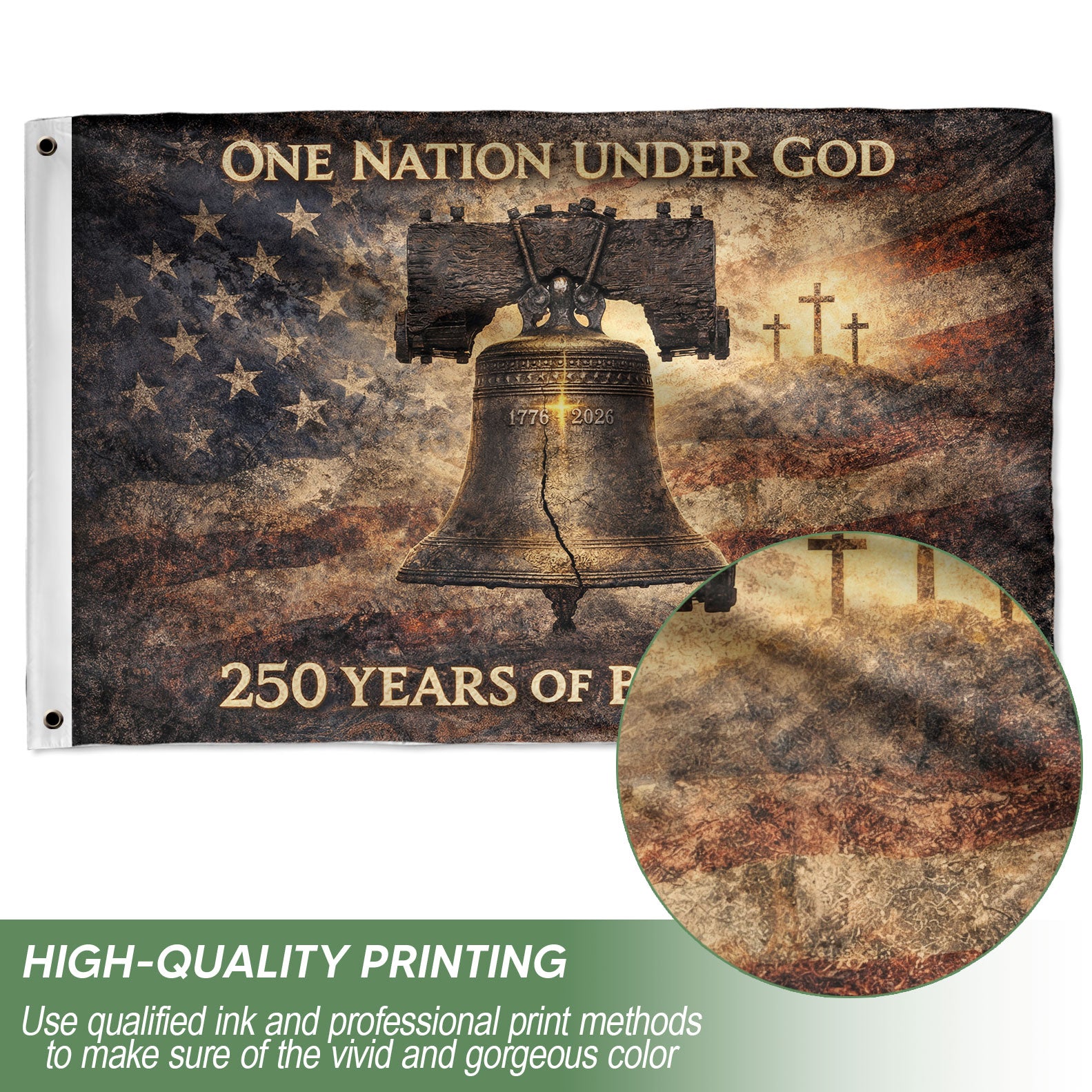 USA 250th Anniversary Flag 1776-2026 – Liberty Bell & Cross 250 Years of Blessings One Nation Under God Banner - Rust Field Wear