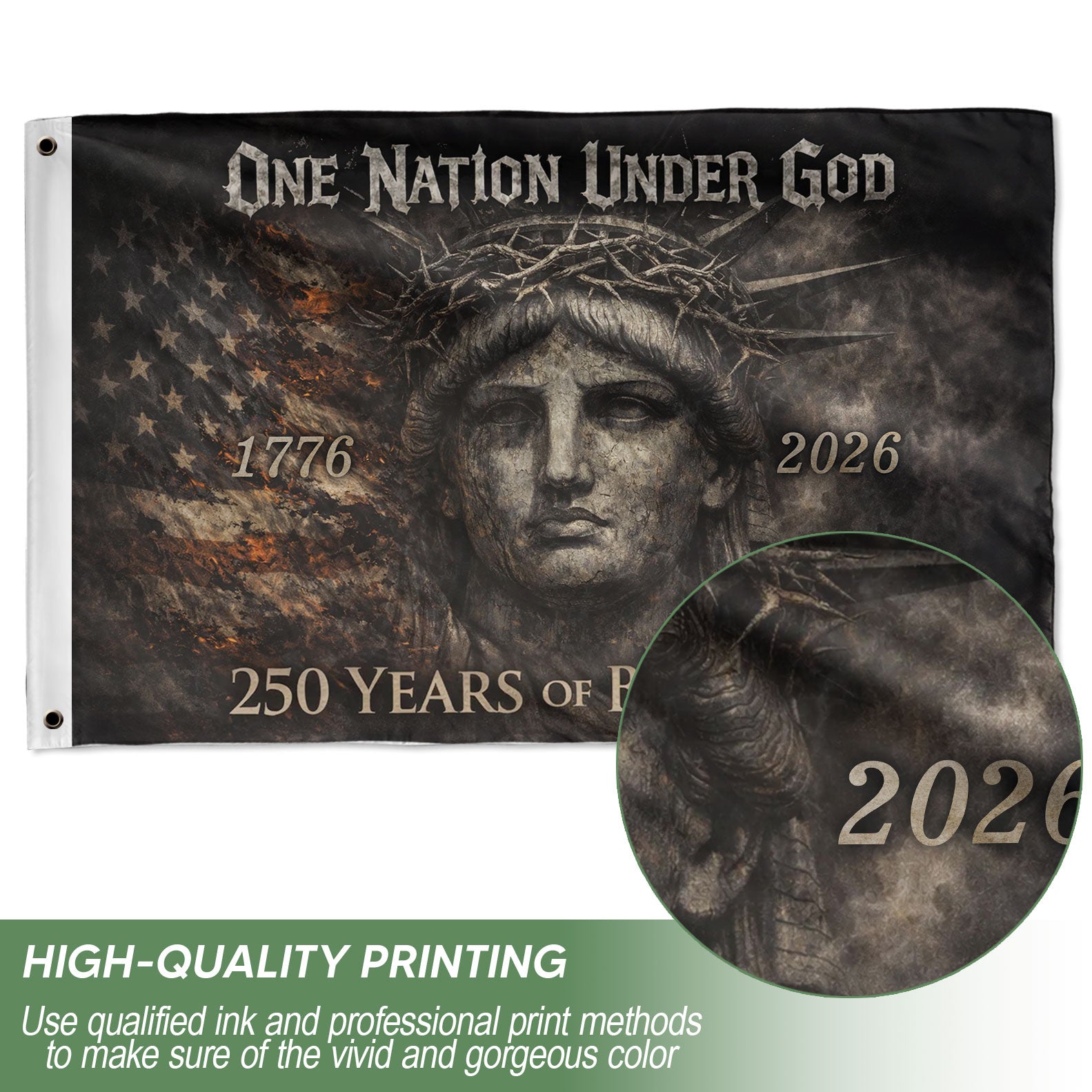 USA 250th Anniversary 1776-2026 Double Sided Flag – Lady Liberty Crown of Thorns One Nation Under God Patriotic Banner - Rust Field Wear