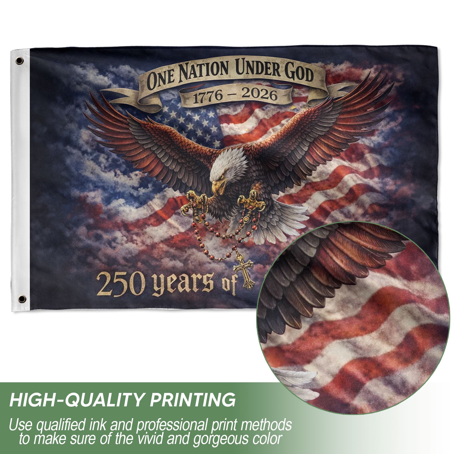 USA 250th Anniversary 1776-2026 Double Sided Flag – Flying Eagle 250 Years of Blessings One Nation Under God Decor - Rust Field Wear