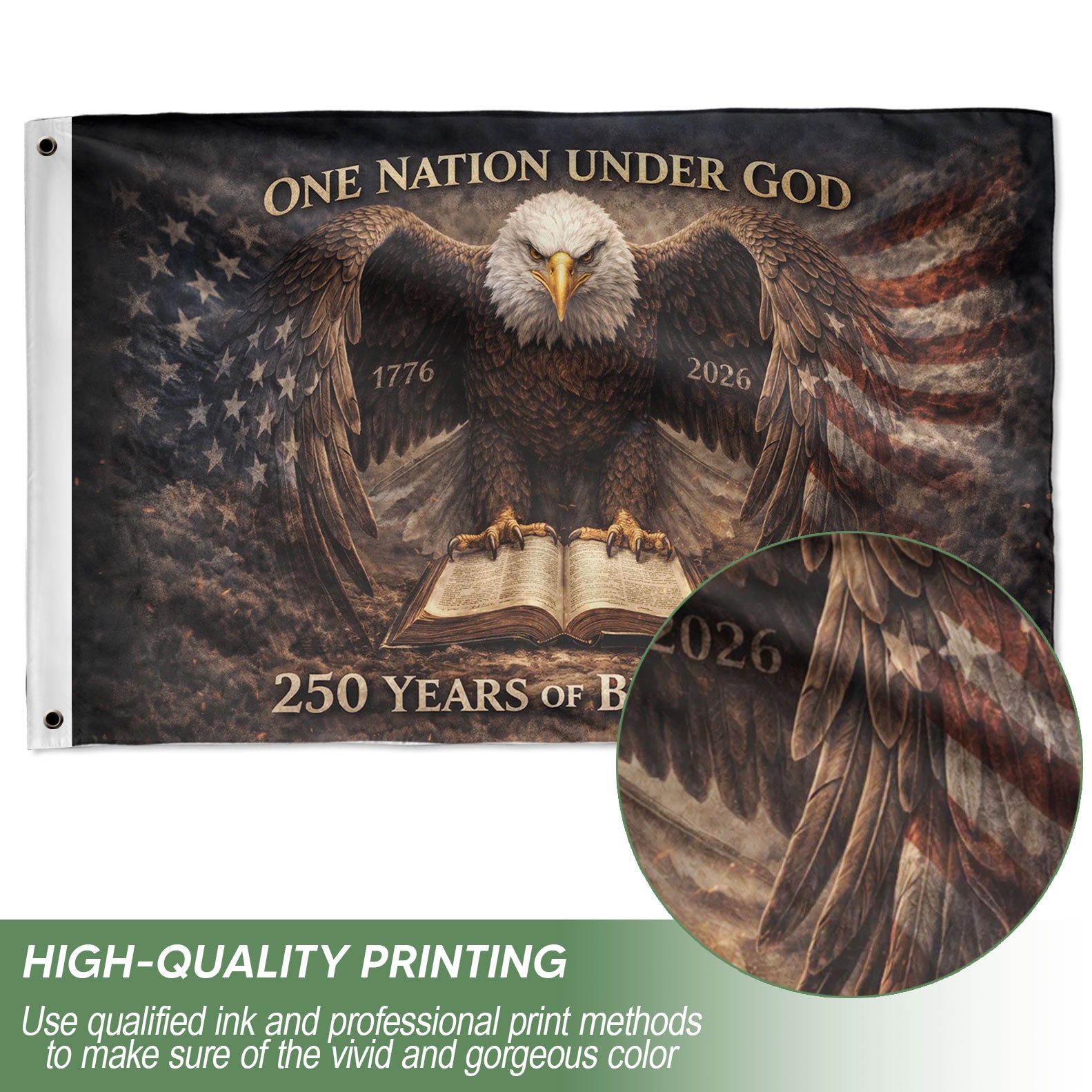 250 Years America Anniversary 1776-2026 Double Sided Flag – Eagle Holy Bible 250 Years of Blessings Religious Patriotic Banner - Rust Field Wear