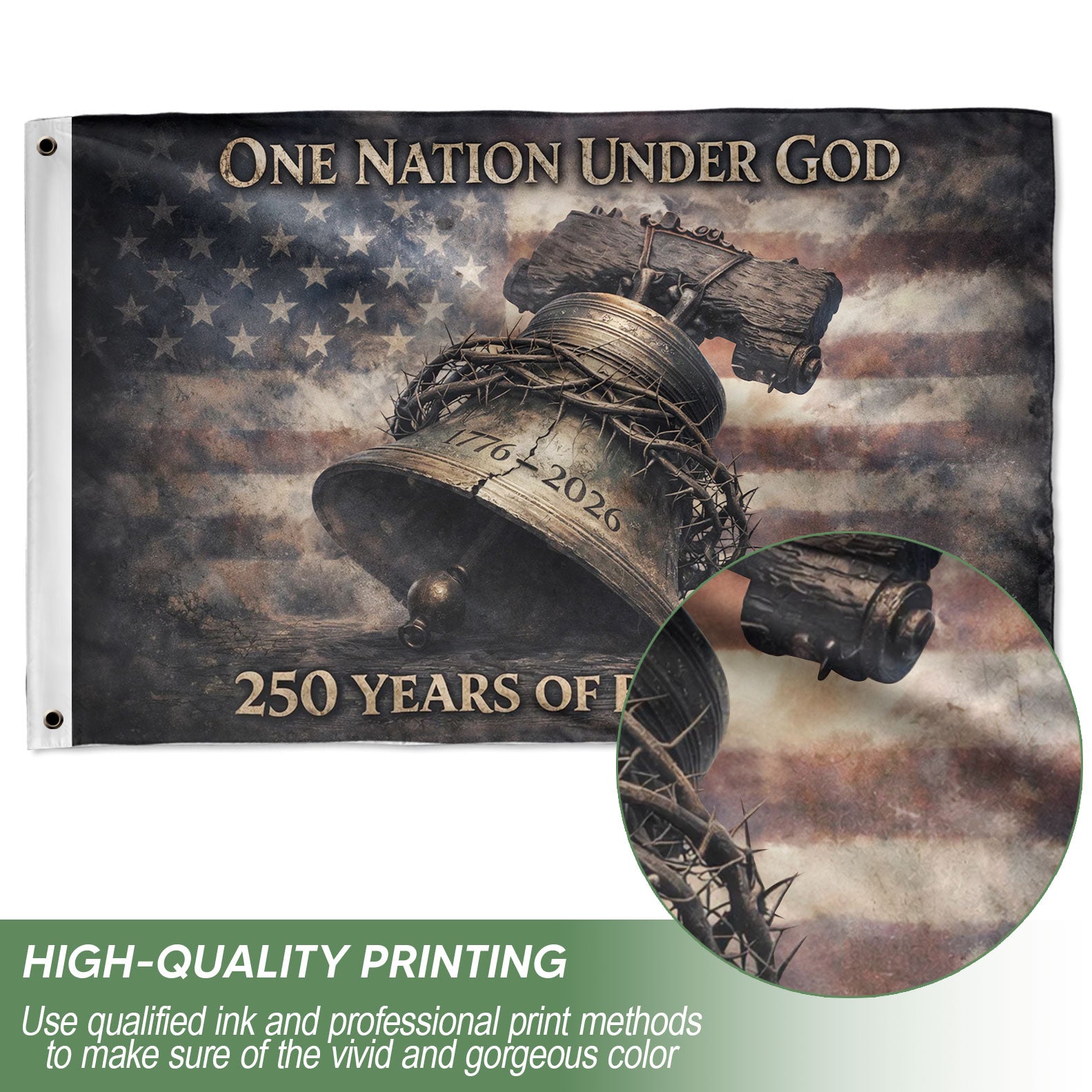 USA 250th Anniversary 1776-2026 Double Sided Flag – Liberty Bell Crown of Thorns One Nation Under God Patriotic Banner - Rust Field Wear