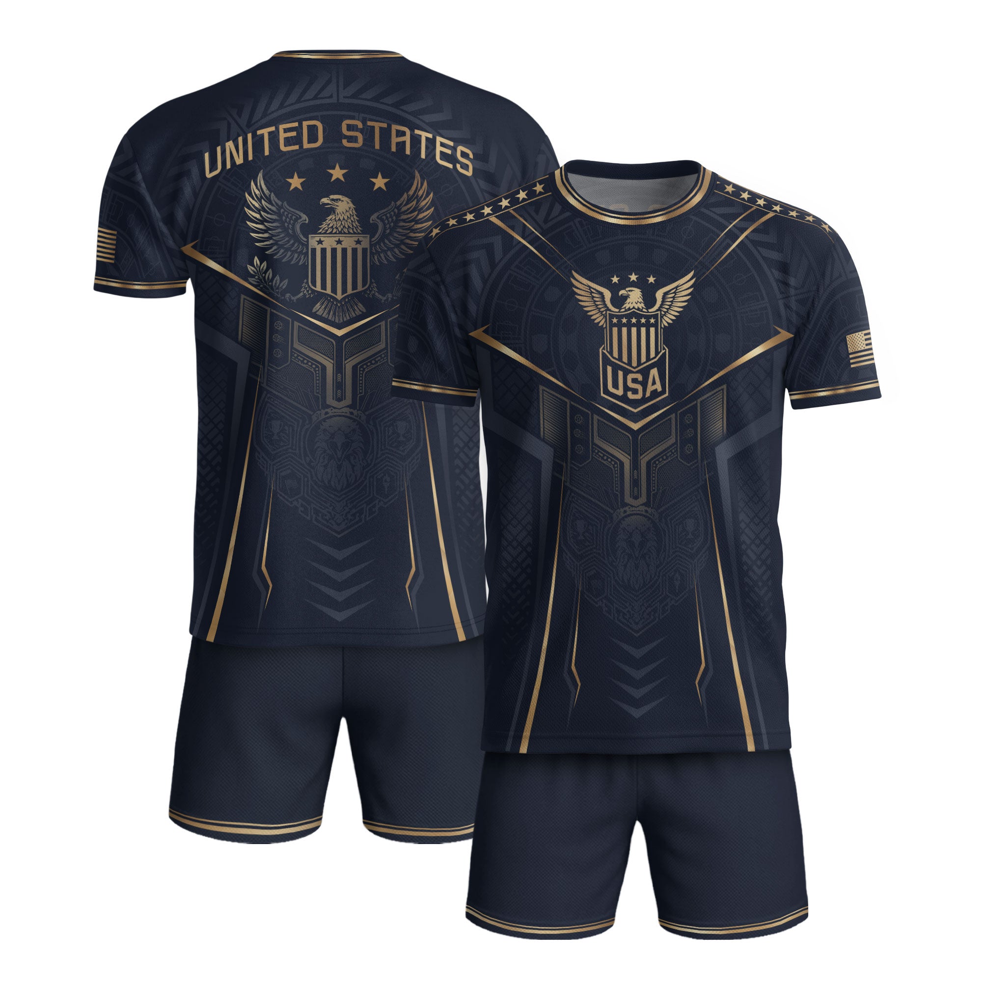 USA Soccer Jersey Navy Gold Eagle Shield Graphic Sports Tee for Soccer Fans