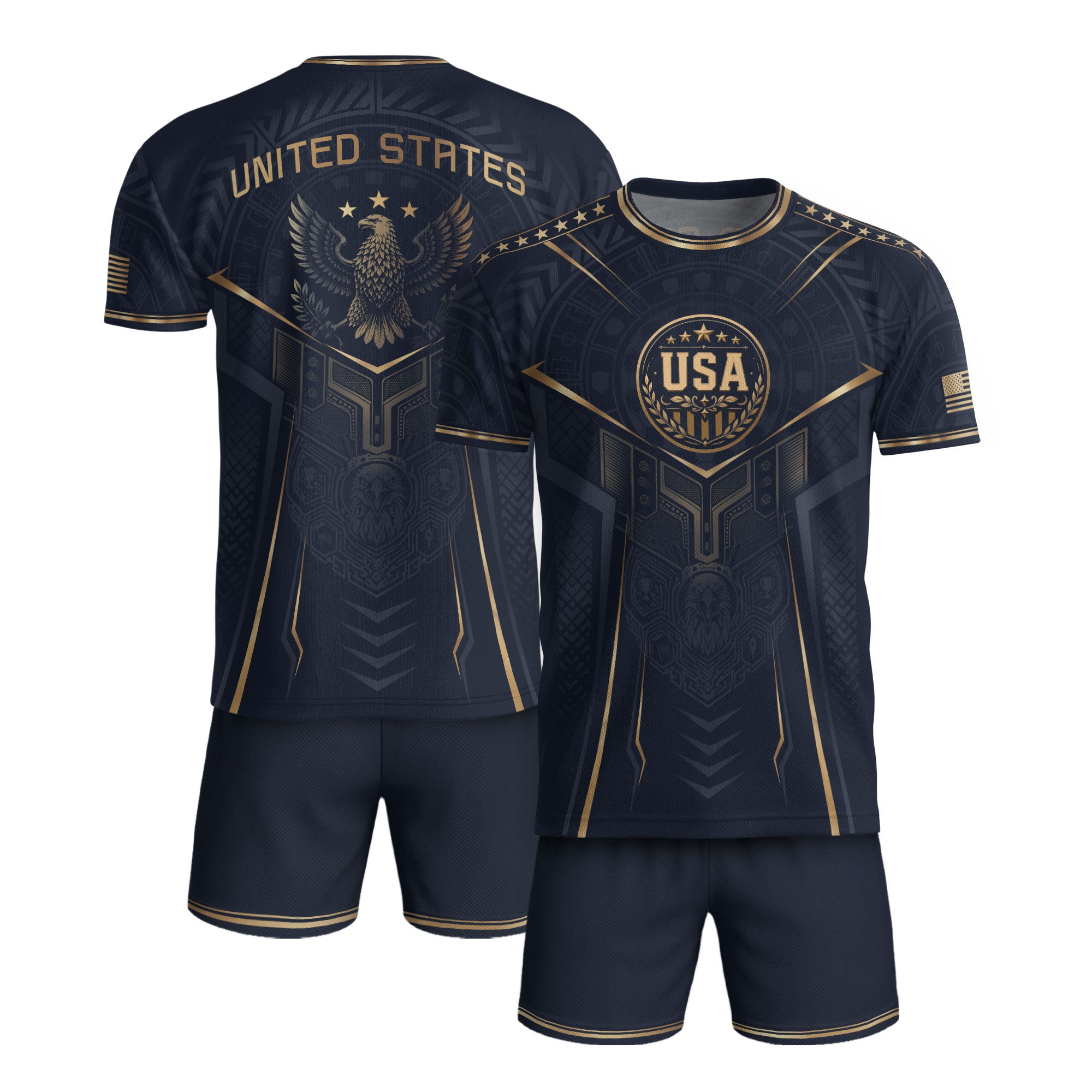 USA Soccer Jersey Navy Gold Eagle Shield Graphic Sports Tee for Soccer Fans