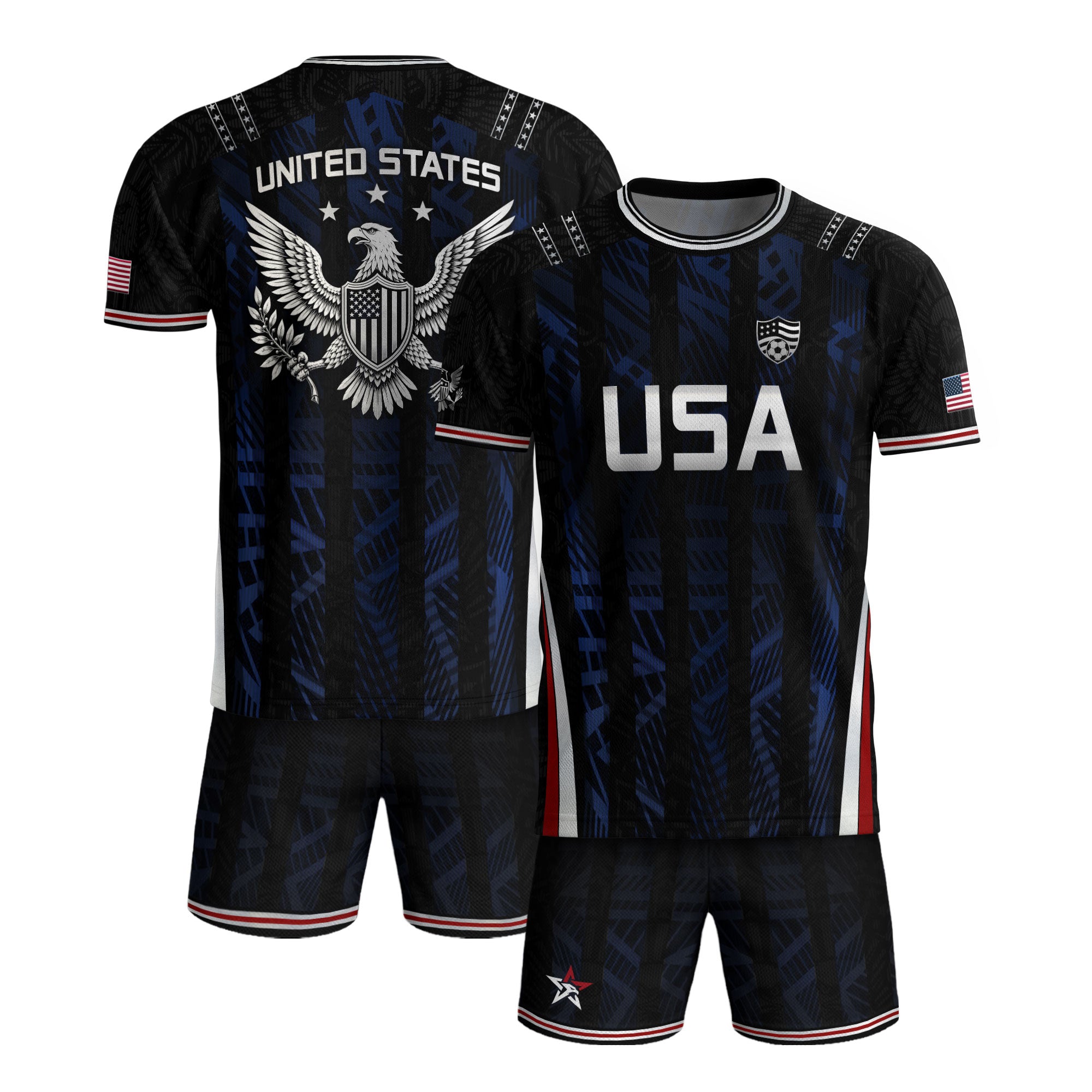 USA Soccer Jersey Black Blue Eagle Crest Athletic Shirt for Men Women Fans