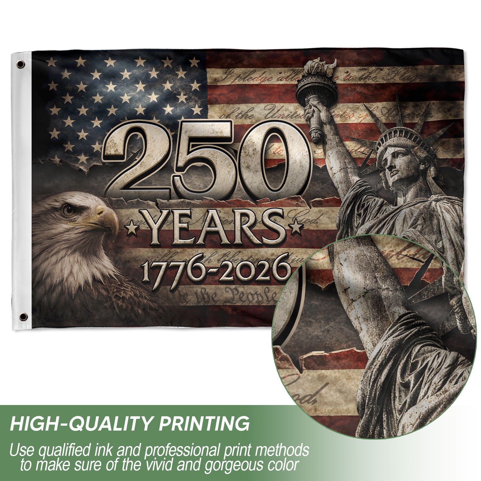 US 250 Years Flag 3x5 ft Statue of Liberty Eagle 1776-2026 Patriotic American Banner - Rust Field Wear