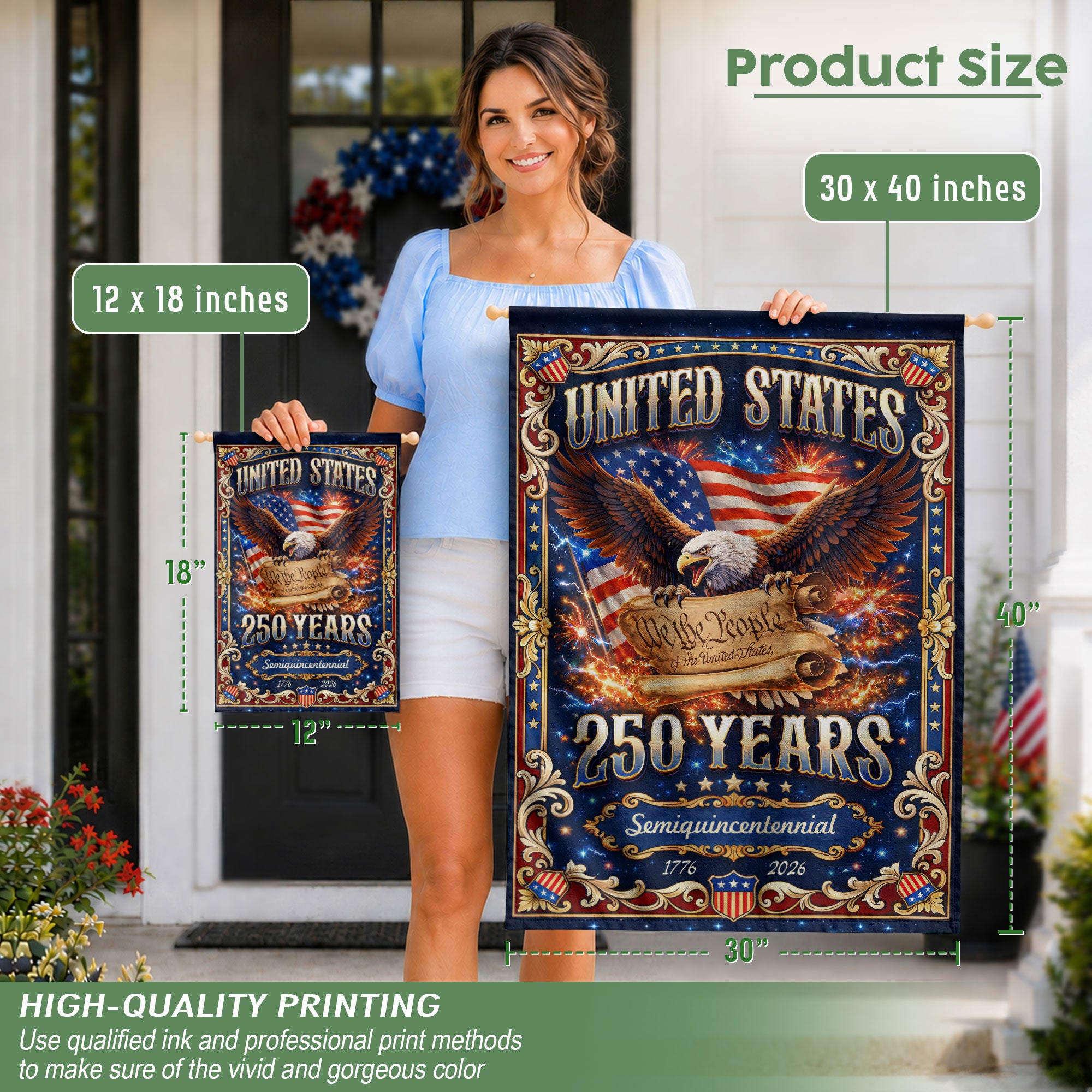 USA 250th Anniversary House Flag 1776-2026 – We The People Constitution Double Sided Patriotic Yard Flag