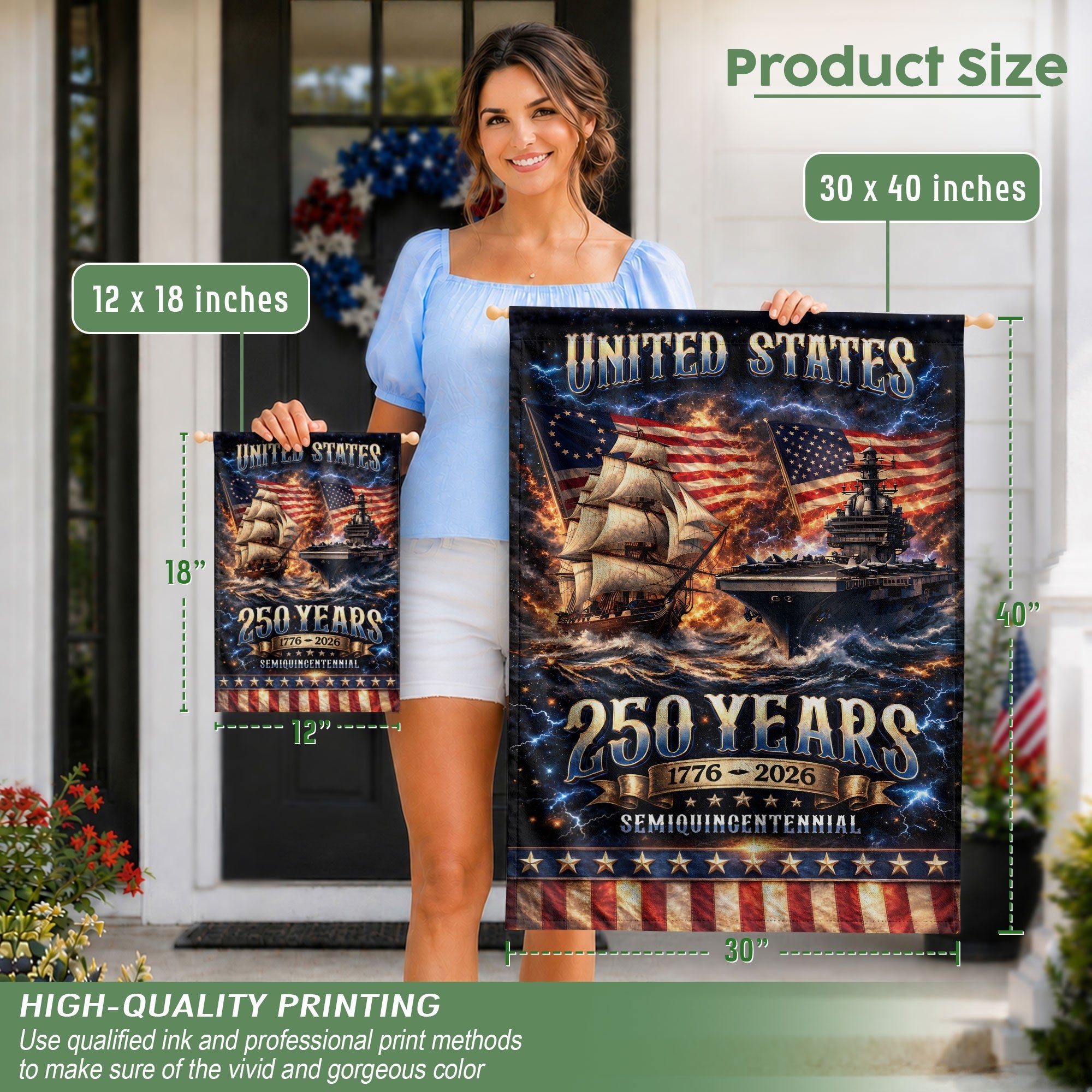 1776-2026 USA 250th Anniversary House Flag – Navy History & Modern Power Patriotic Double Sided Flag - Rust Field Wear