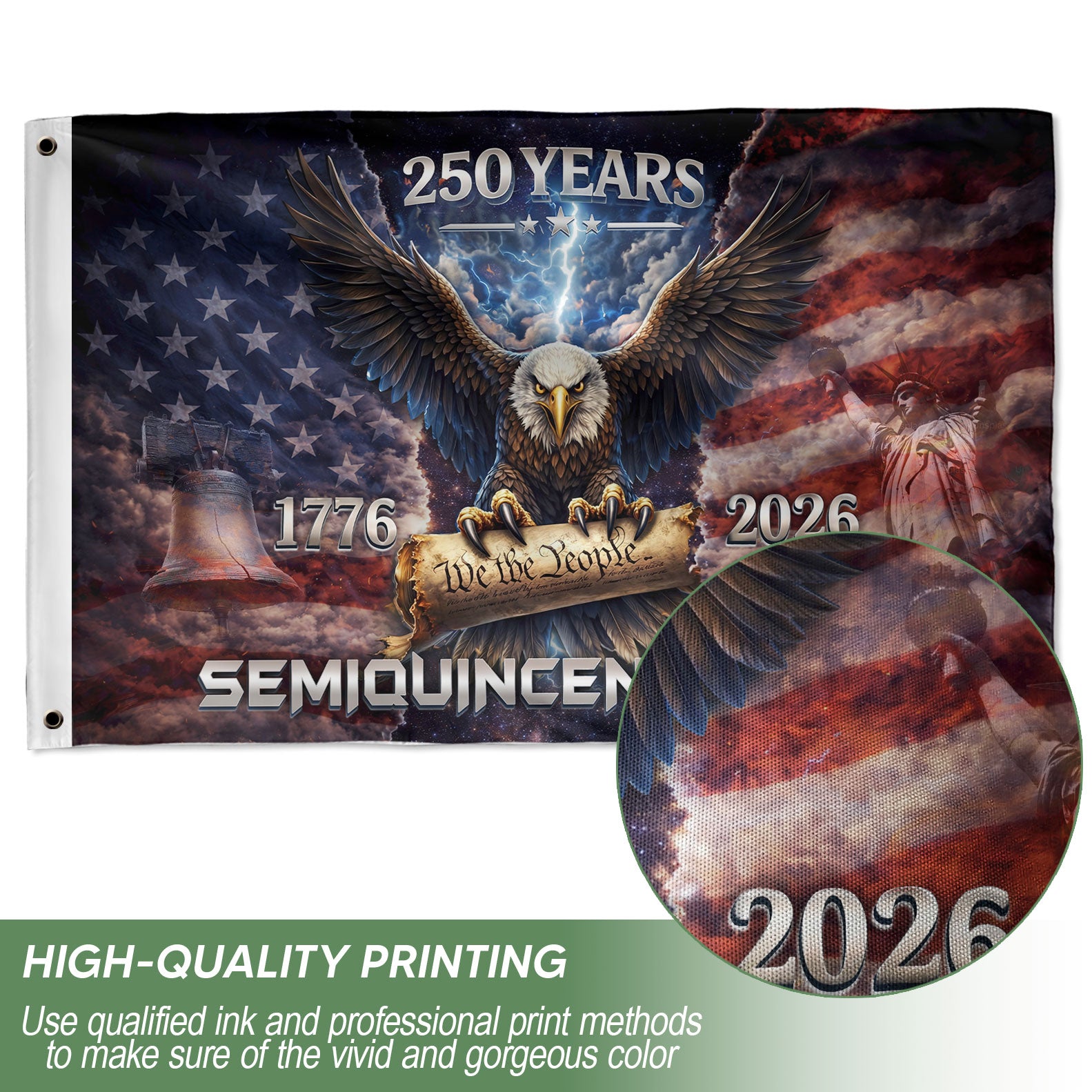 USA 250th Anniversary 1776–2026 House Flag – Vintage Bootleg Eagle Liberty Bell We The People Double Sided