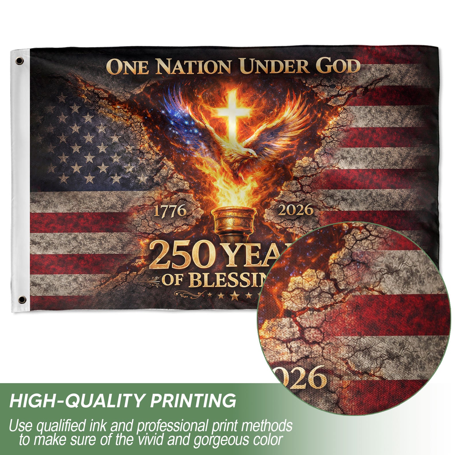 One Nation Under God 250 Years Flag 1776–2026 – Eagle & Cross Christian USA Double Sided House Flag